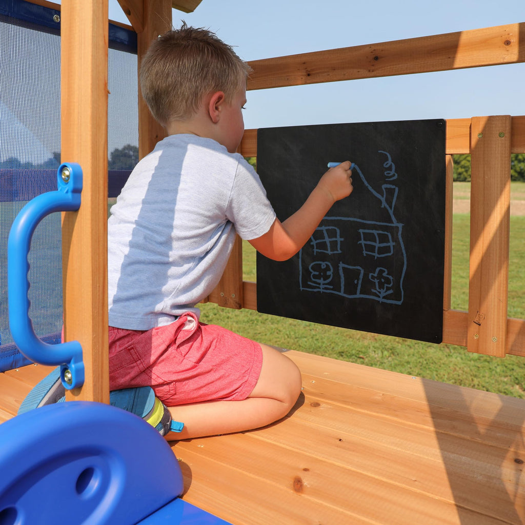 Backyard Discovery Bay Pointe Cedar Wood Swing Set with Wave Slide, Play Deck, Rock Wall Ladder, Belt Swings, Chalkboard, Canopy Roof, Outdoor Playset