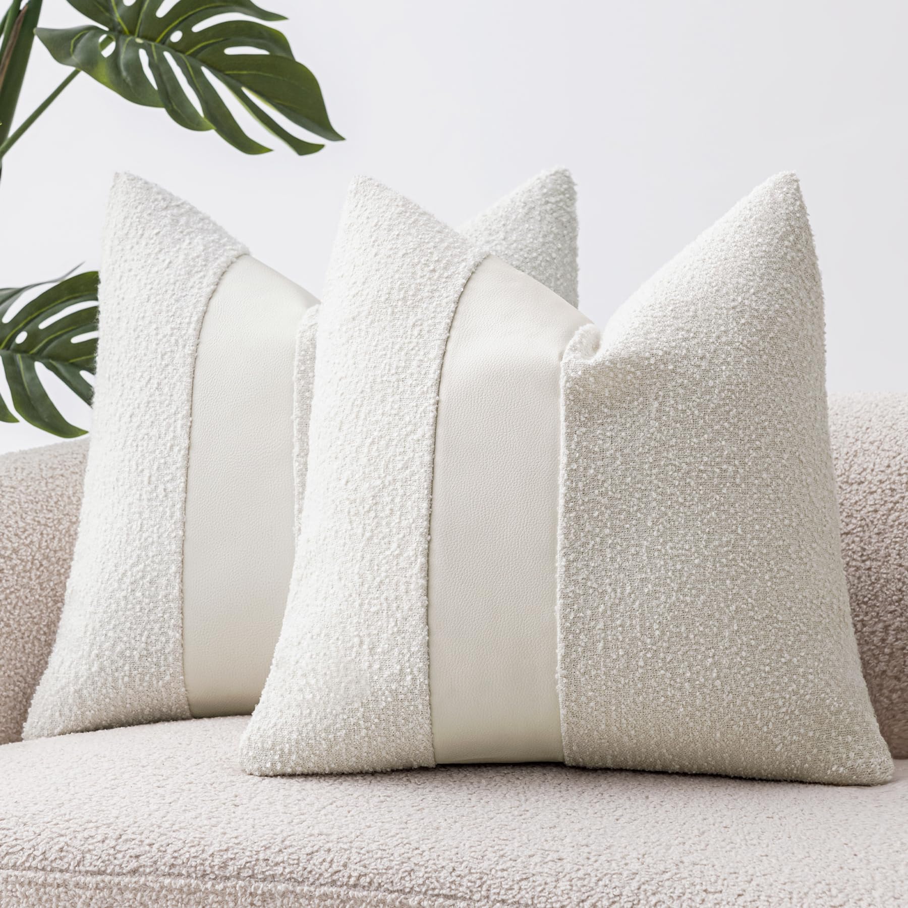 18"x18" Charcoal Black Boucle Throw Pillow Covers with Faux Leather Accents Set of 2 Fluffy Textured Decorative Pillow Cases for Couch Bed Boho Farmhouse Square Cushion Covers for Nordic Home