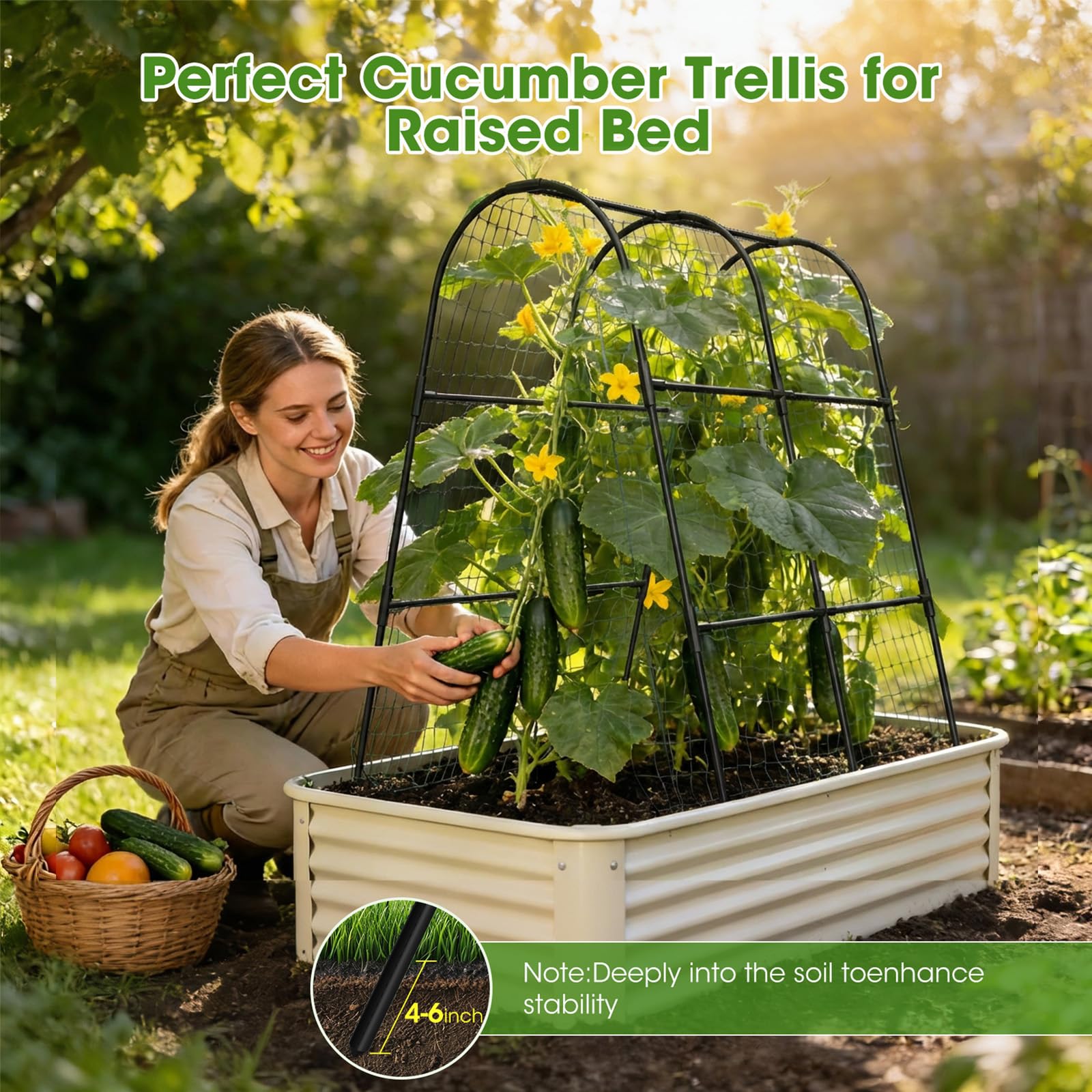 Cucumber Trellis for Raised Bed,U-Shape Garden Trellis for Climbing Plants Outdoor, Metal Arch Vegetables Trellis, Plant Support for Vine (Green, 31.5" Lx21.6 Wx47.2 H-Small)