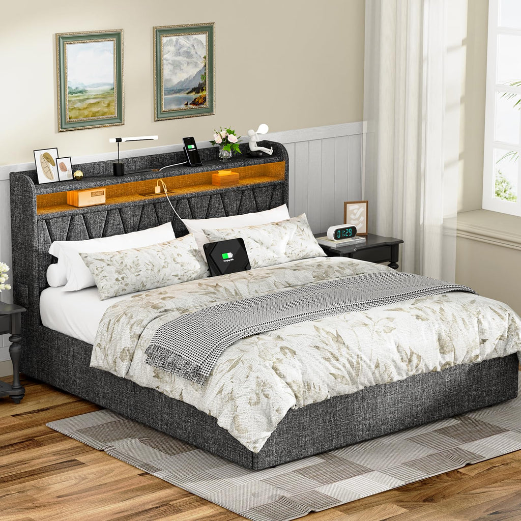 Queen Bed Frame 1500LBS Heavy Duty, 2-Tier Storage Headboard & 4 Drawers, Upholstered Metal Platform with Thicker Wooden Slats, Charging Station & LED Lights, No Box Spring Needed, Easy Assembly, Grey