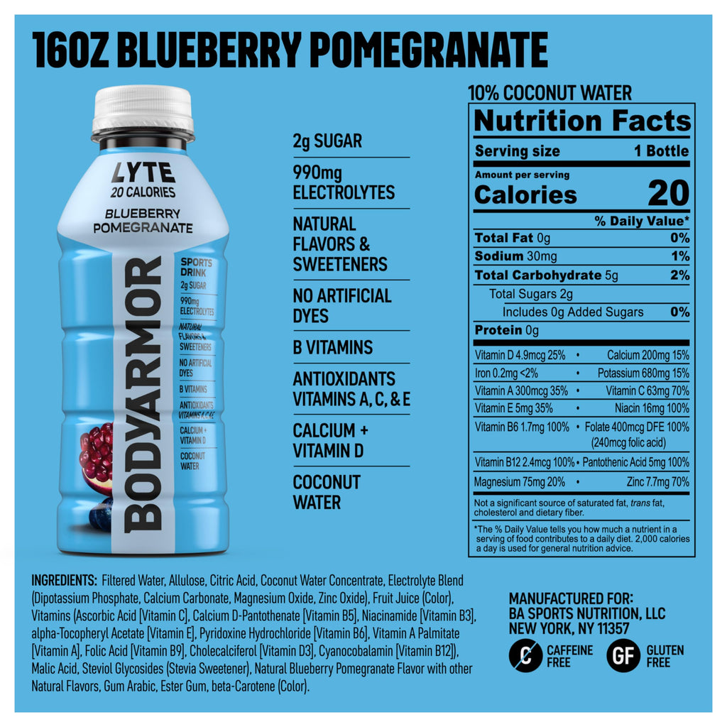 BODYARMOR Lyte Sports Drink Low-Calorie Beverage, Blueberry Pomegranate, Coconut Water Hydration, Natural Flavors with Vitamins, Potassium-Packed Electrolytes, 16 Fl Oz (Pack of 12)