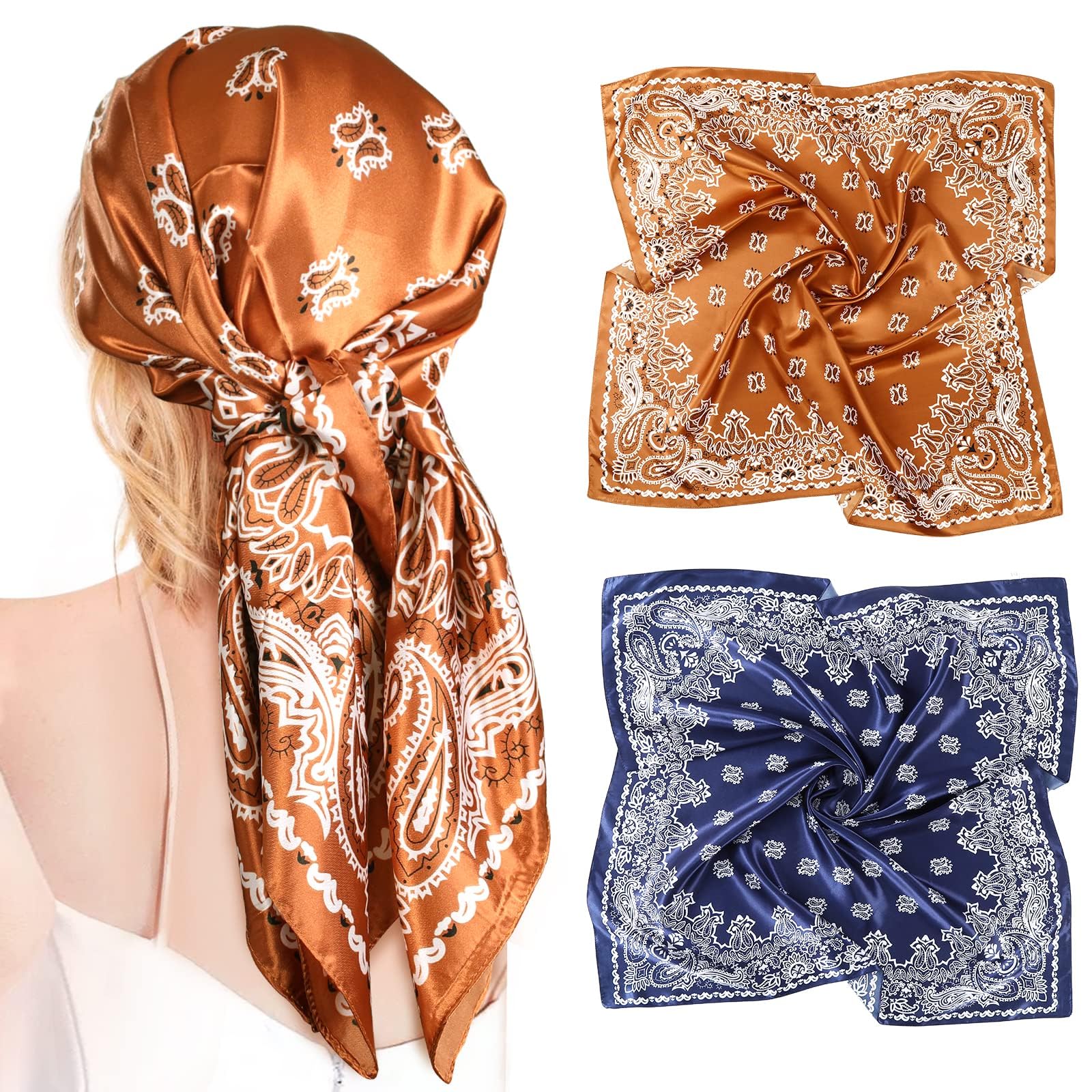 AWAYTR 35” Large Satin Square Head Scarf - 2Pcs Silk Like Floral Head Scarves Square Satin Hair Scarf Bandanas for Women