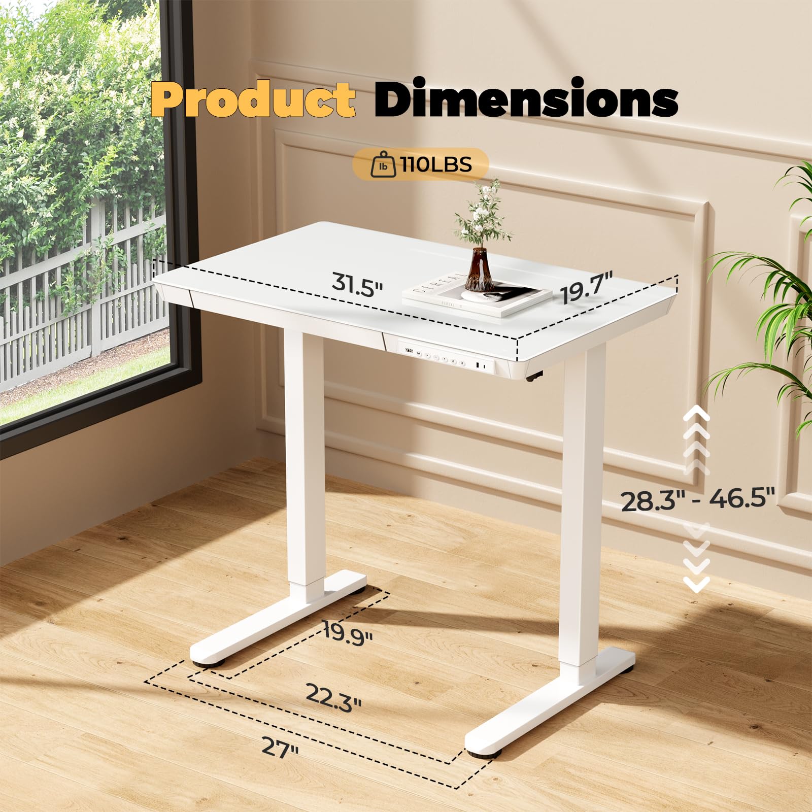 Glass Electric Standing Desk with Drawer, 35" x 20" Whole Piece Tabletop Samll Sit Stand Table, Height Adjustable Workstation with Storage & USB Ports, Quick Install Home Office Desk
