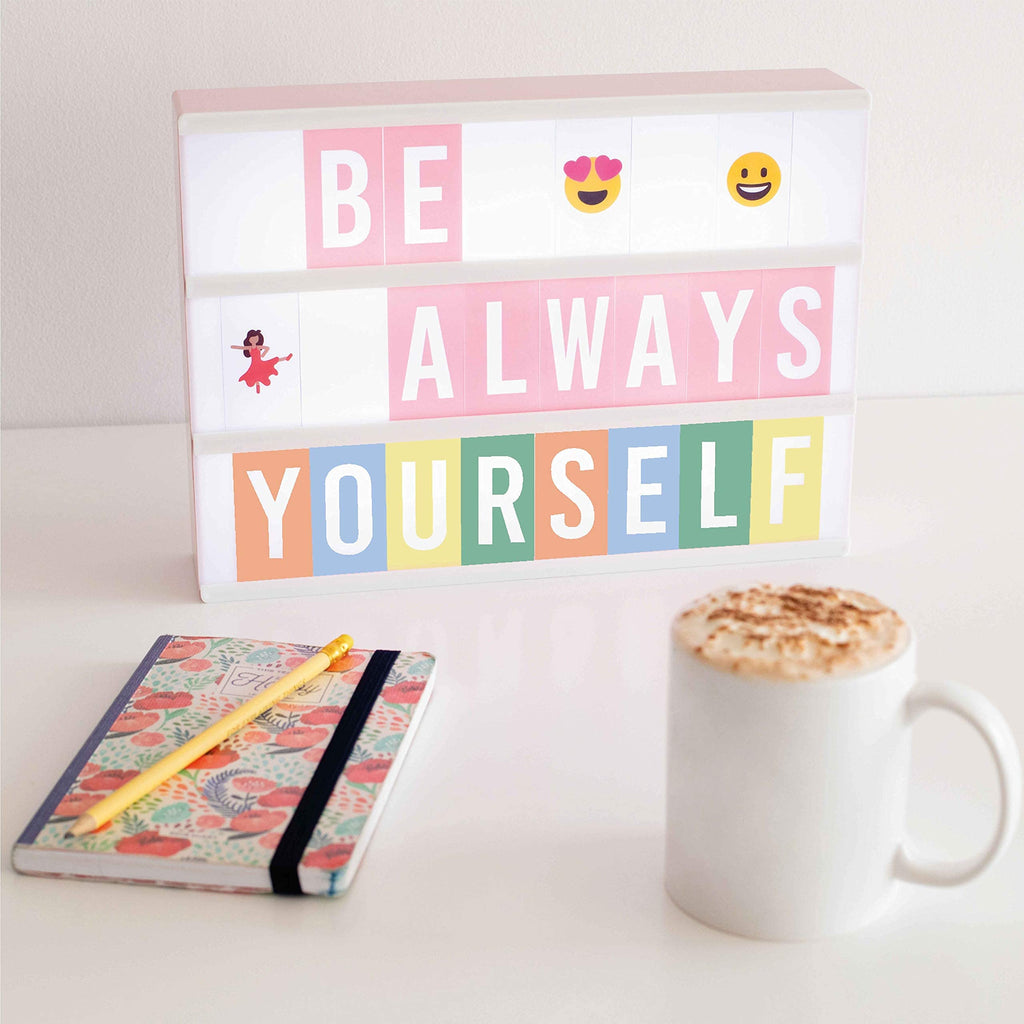 BONNYCO Blue Cinema Light Box with 400 Letters, Emojis and 2 Markers. Led Light Box Boy Bedroom Decor, Baby Shower. Cinema Led Sign Letters Board Gifts for Boys, Children for Birthdays Christmas