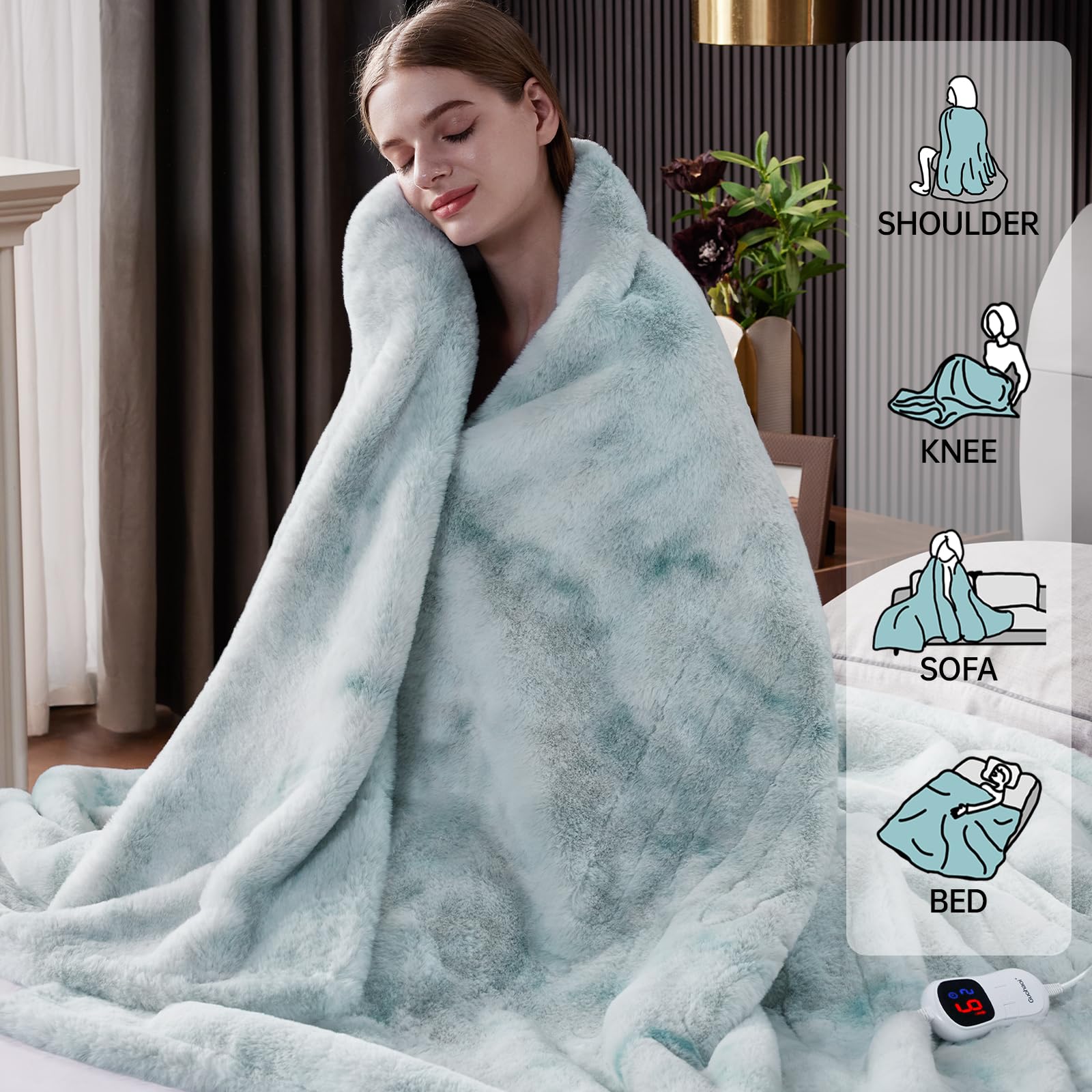 Guohaoi Heated Blanket Electric Throw, Soft Faux Rabbit Fur Electric Blanket with 10 Heating Levels 5 Sitting Timer Auto Off, Cozy Warm Heating Blankets, Machine Washable(50"×60" Beige)
