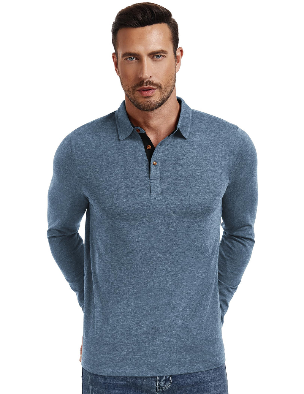 PEGENO Mens Polo Short/Long Sleeve Shirt Classic Button Basic Solid Color Designed Collared Polo Shirt Fashion Casual Shirts