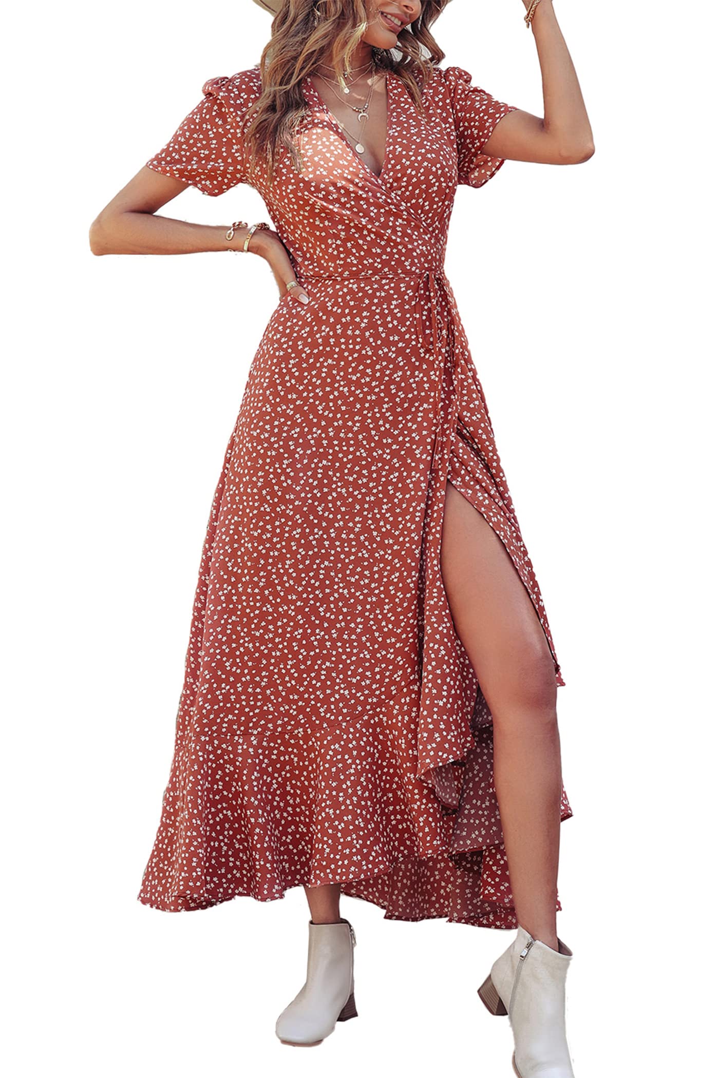 PRETTYGARDEN Women's Boho Floral Maxi Dress Summer Short Sleeve Wrap V Neck Long Flowy Beach Vacation Wedding Guest Dresses