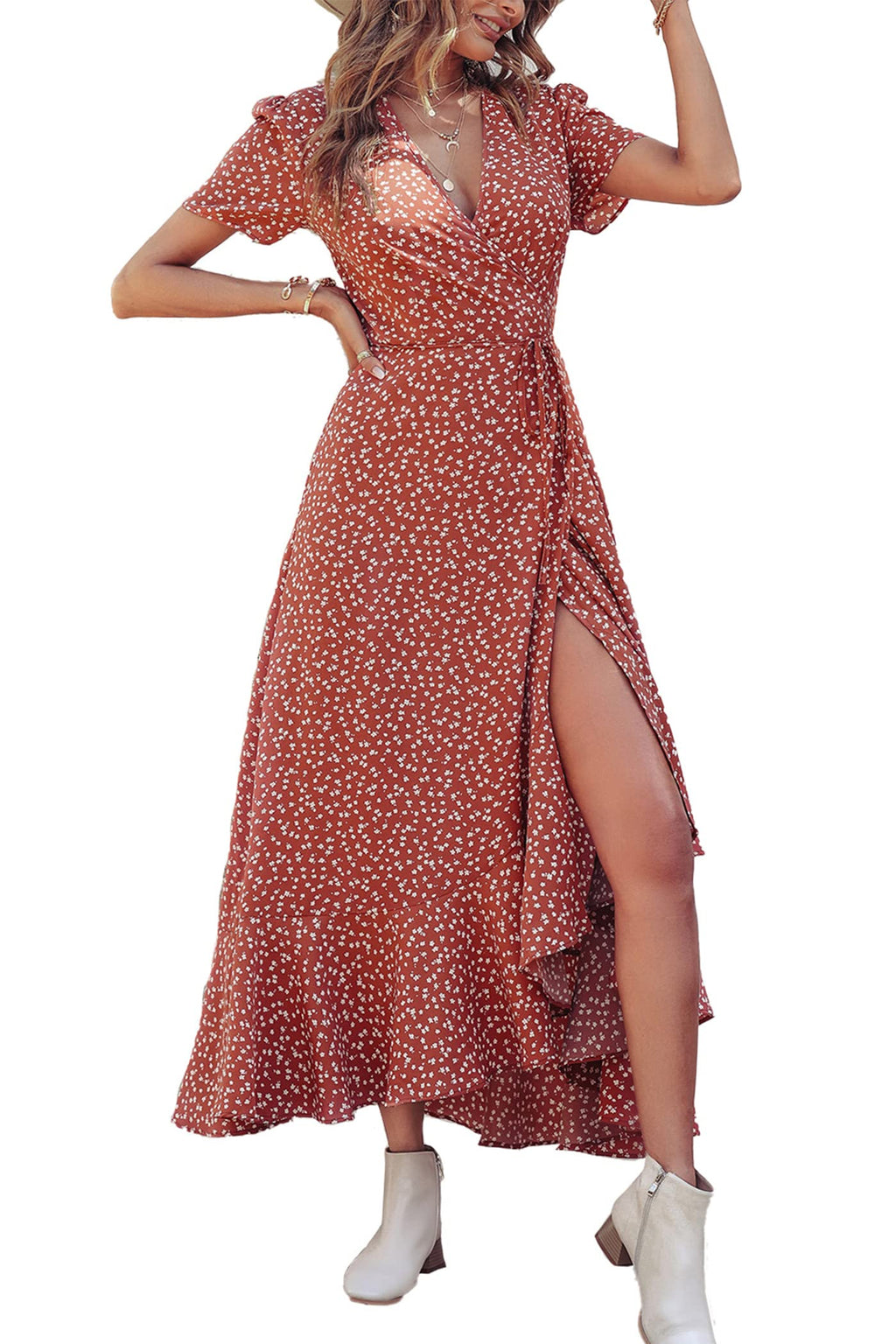 PRETTYGARDEN Women's Boho Floral Maxi Dress Summer Short Sleeve Wrap V Neck Long Flowy Beach Vacation Wedding Guest Dresses