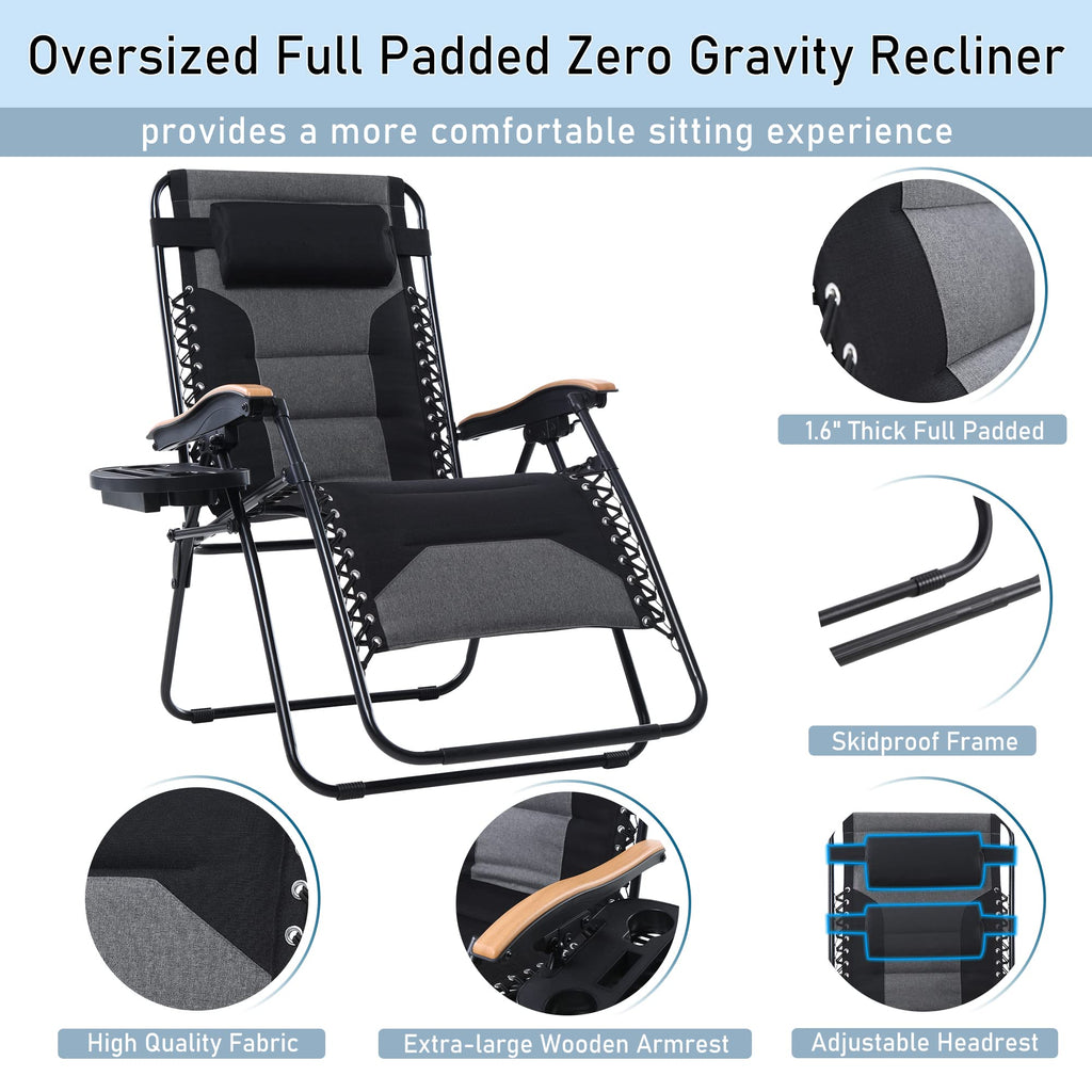 PHI VILLA XXL Oversized Padded Zero Gravity Chair Set of 2, Foldable Patio Recliner, 30" Wide Seat Anti Gravity Lounger with Armrest and Cup Holder, Support 400 LBS (Aqua Blue)