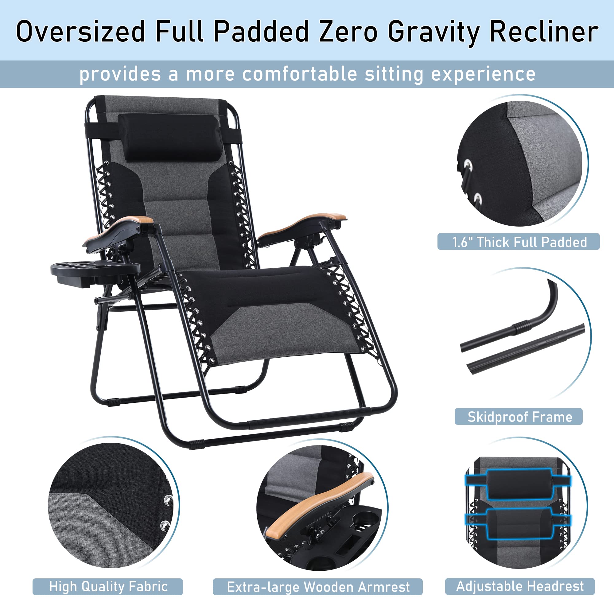 PHI VILLA XXL Oversized Padded Zero Gravity Chair Set of 2, Foldable Patio Recliner, 30" Wide Seat Anti Gravity Lounger with Armrest and Cup Holder, Support 400 LBS (Aqua Blue)