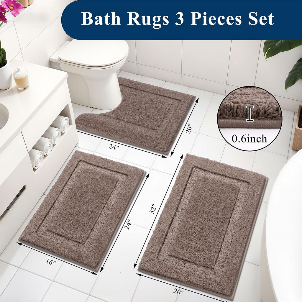 SHACOS Black Bathroom Rugs Sets 3 Piece, 16"x24" + 20"x32" Non Slip Bath Mat and 20"x24" Toilet Rugs U Shaped Washable, Soft Fluffy Water Absorbent Bath Rugs for Bathroom