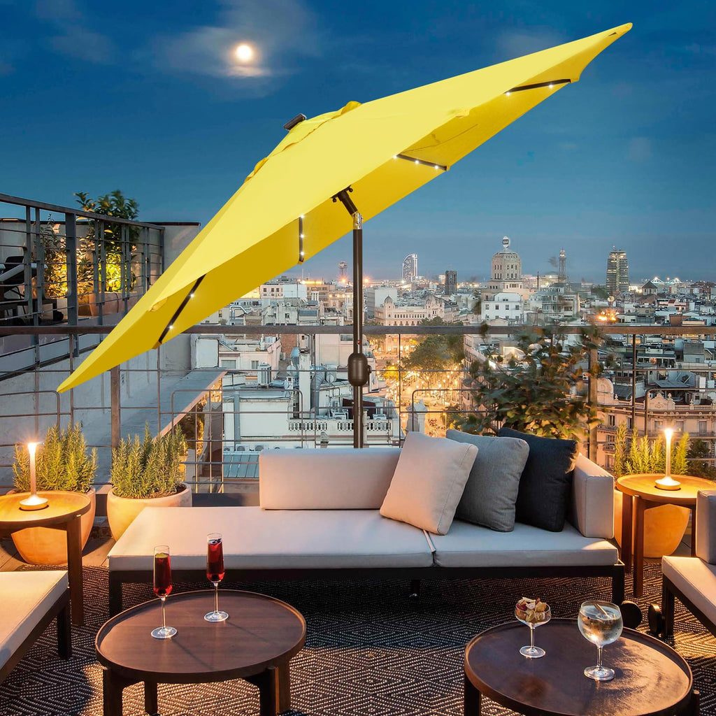 Blissun 9 ft Solar Umbrella, 32 LED Lighted Patio Umbrella, Table Market Umbrella, Outdoor Umbrella for Garden, Deck, Backyard, Pool and Beach (Light Blue)