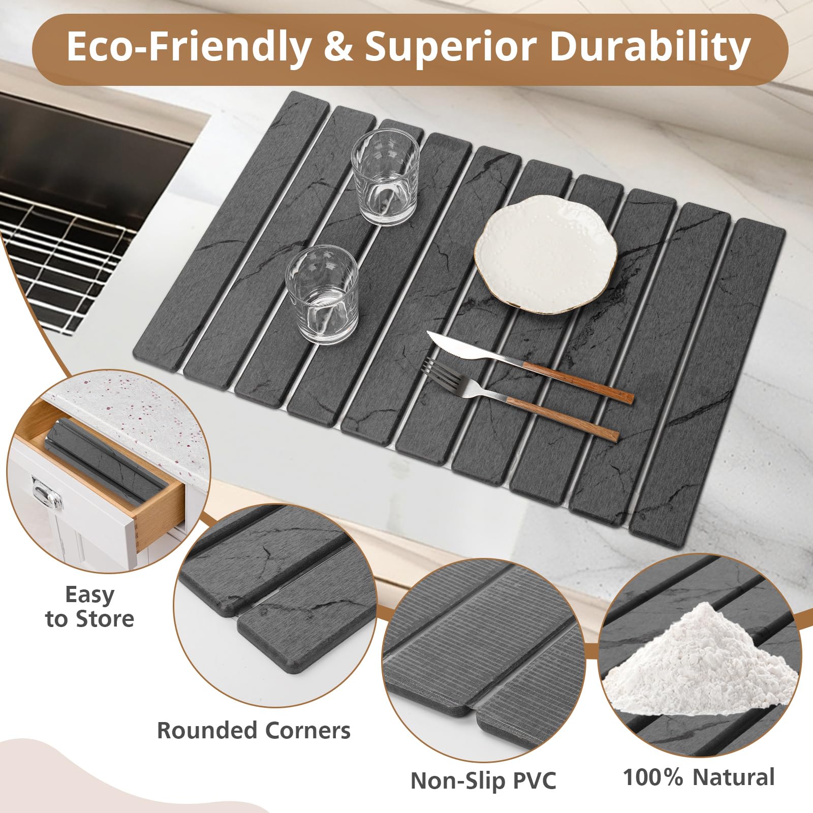 Stone Dish Drying Mat for Kitchen Counter, Eco-friendly, Instant Drying Pad,Diatomaceous Earth Water Absorbing Mat, Foldable and Super Absorbent Dish Drying Stone Mat, 16"×12", Dark Gray
