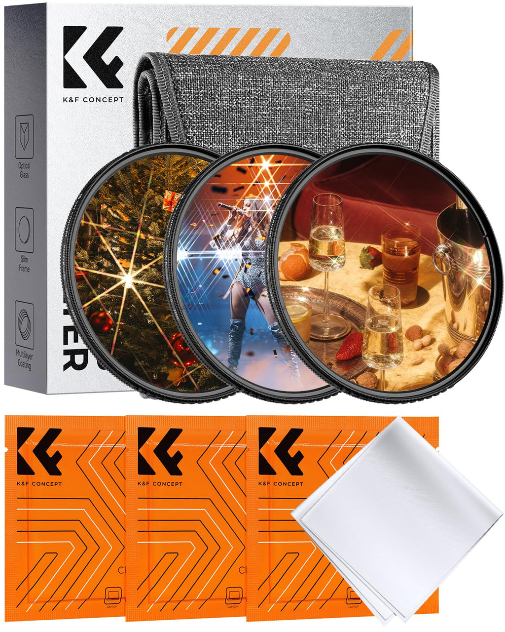 K&F CONCEPT 49mm Star Filters Kit (3pcs) 4 Points 6 Points 8 Points Cross Screen Starburst Filters Set -18 Layer Coating Ultra Slim Optical Glass Camera Lens Filter with 3 Cleaning Cloth