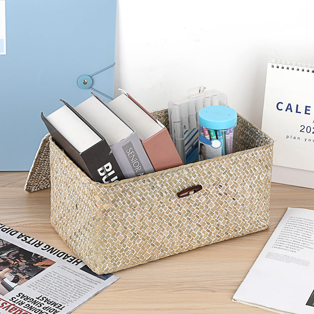 Sumnacon Wicker Basket with Lid Rectangle Woven Baskets for Toiletries Tampon Storage,Wicker Storage Basket with Lid,Decorative Seagrass Storage Baskets for Shelf Bathroom Toilet Table, Caramel