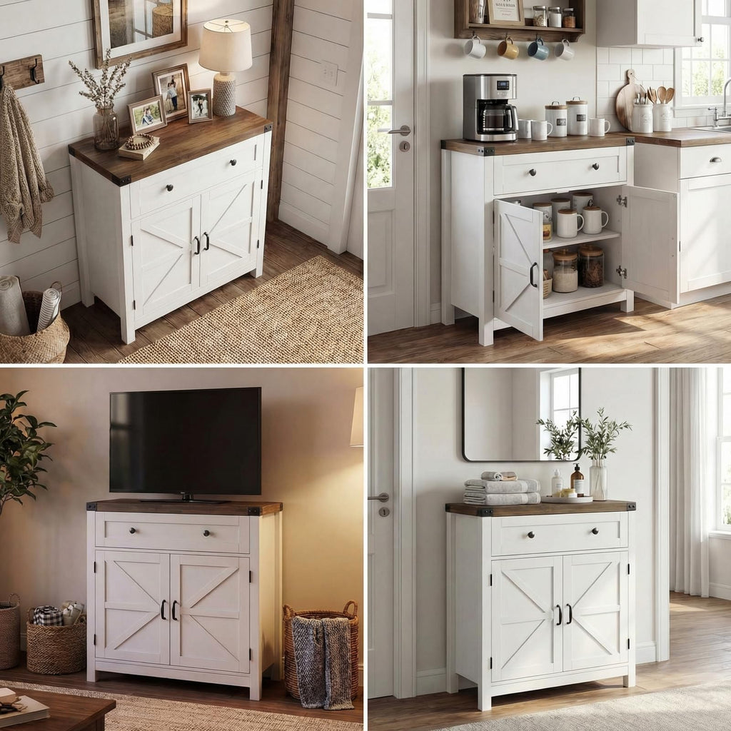 HOSTACK Coffee Bar Cabinet, Kitchen Storage Cabinet, Modern Farmhouse Buffet Sideboard with Drawer and Adjustable Shelf, Barn Door Accent Cabinets for Kitchen, Dining Room, Entryway, Ash Grey