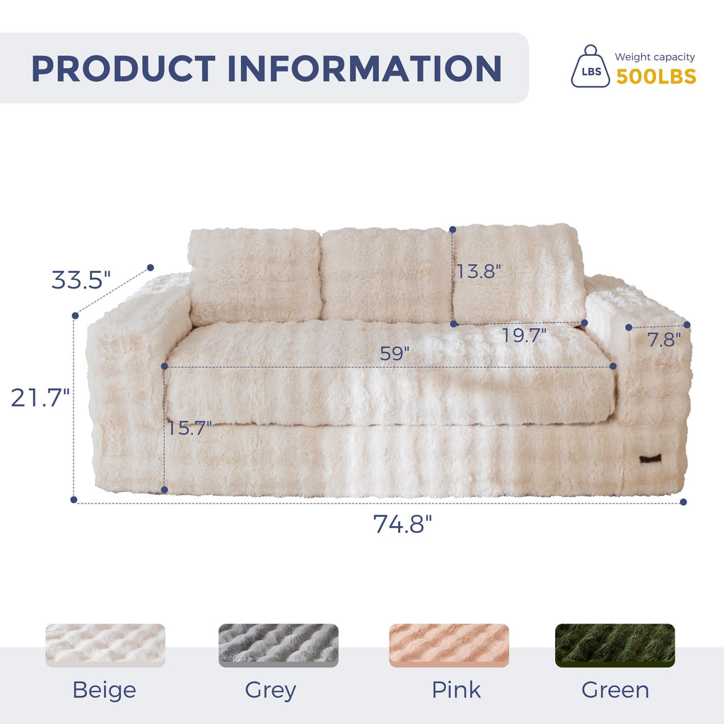 MAXYOYO 3 Seater Sofa Couch for Living Room, Tufted Boneless Couch Sofa Couch, Comfy Bubbled Bean Bag Chair for Apartment, No Assembly Needed, Beige