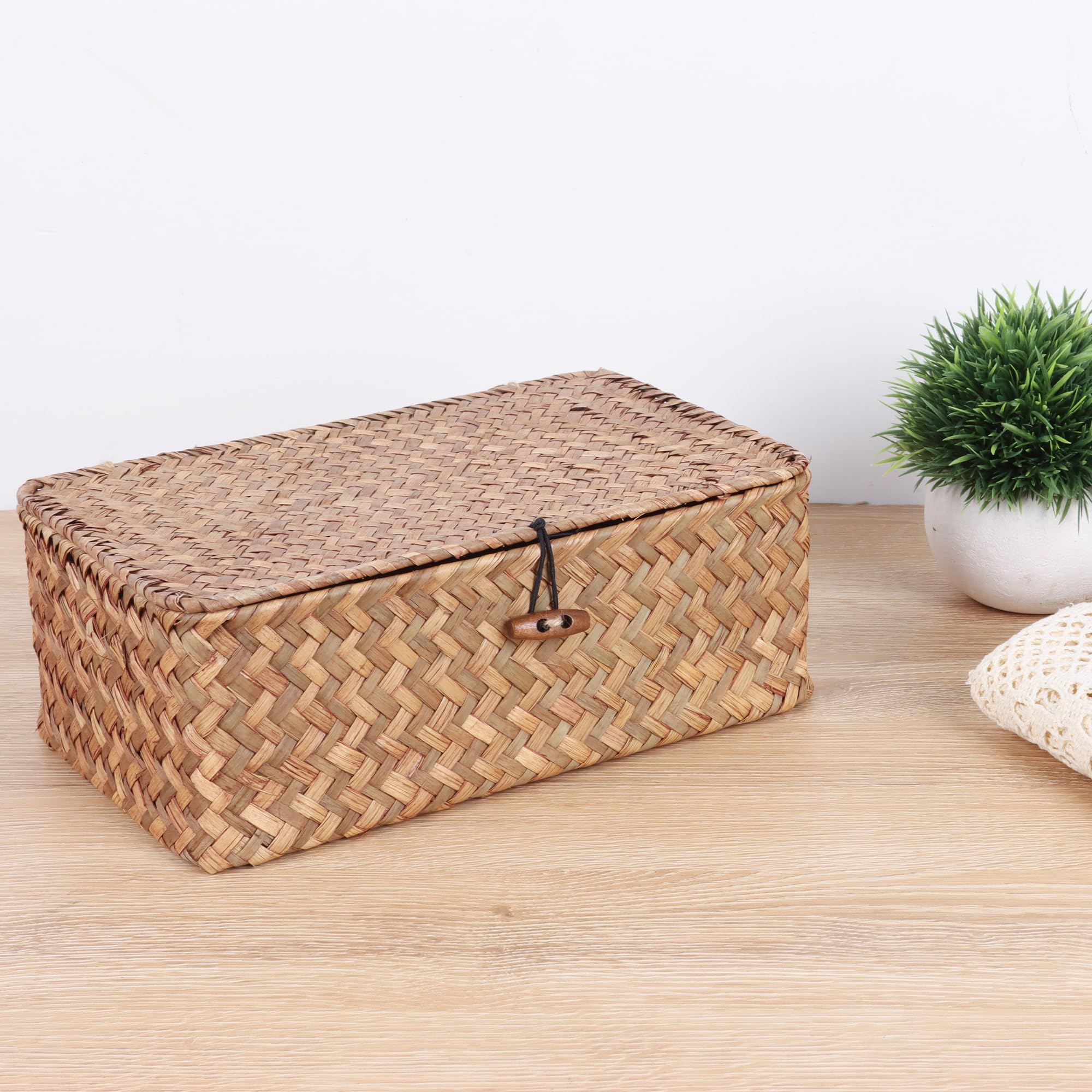 FEIALNDUO Wicker Shelf Baskets with Lid,Seagrass Storage Basket Bins Rectangular Handwoven Basket Boxes for Shelves Desktop Home Organizer (Coffee, X-Small)