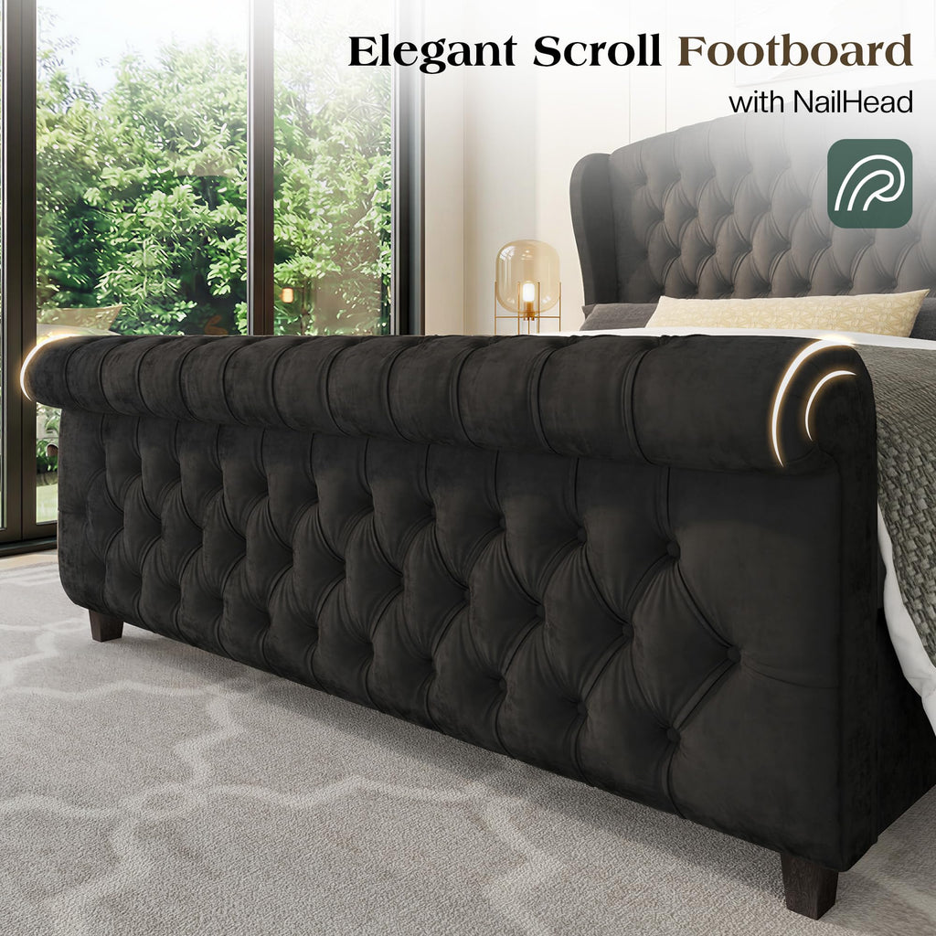LUXOAK Queen Size Platform Bed Frame, Velvet Upholstered Sleigh Bed with Curved Headboard & Footboard, Deep Button Tufted, Wood Slats Support, No Box Spring Needed, Black