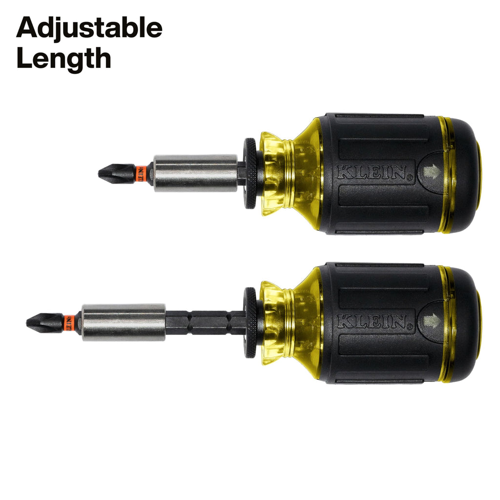 Klein Tools 32308 Multi-bit Stubby Screwdriver, Impact Rated 8-in-1 Adjustable Magnetic Tool with Phillips, Slotted, Square and Nut Driver