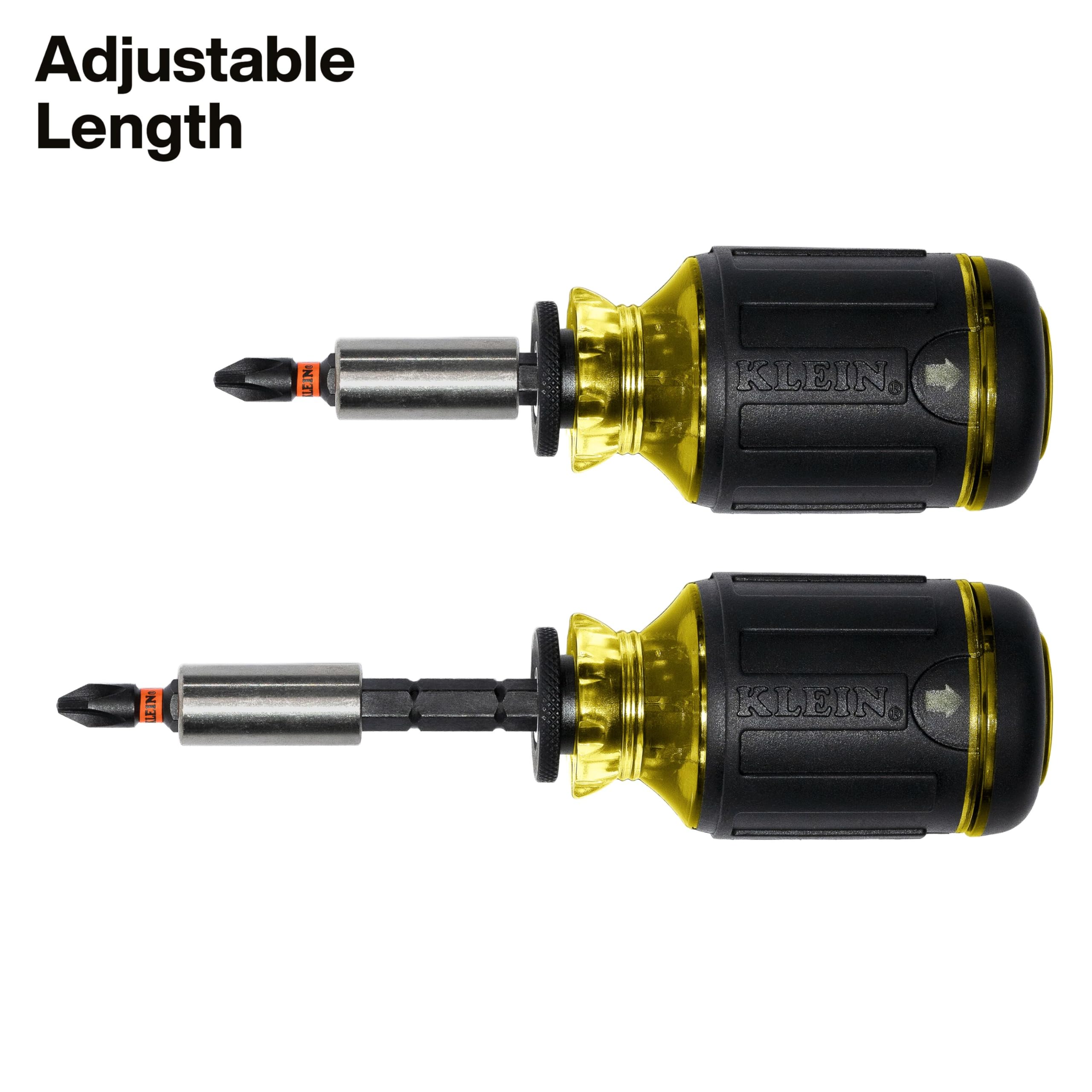 Klein Tools 32308 Multi-bit Stubby Screwdriver, Impact Rated 8-in-1 Adjustable Magnetic Tool with Phillips, Slotted, Square and Nut Driver
