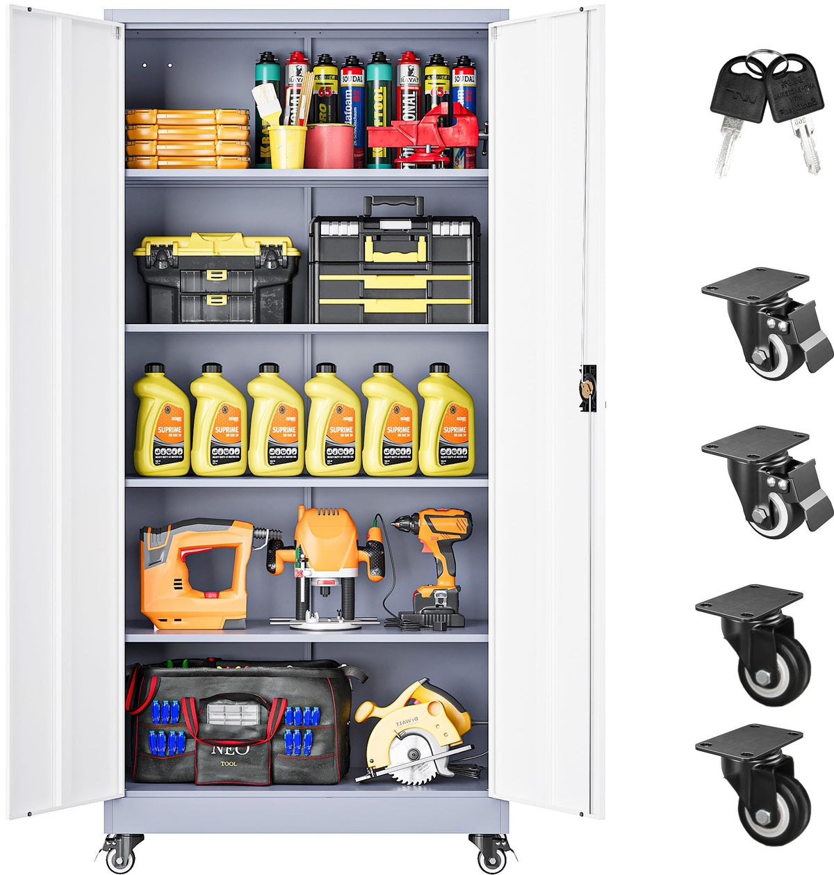 SISESOL Wide & Deep Metal Storage Cabinet with Wheels,Tall Rolling Garage Storage Cabinet with Lock,Black Metal Cabinets with Pegboards and Shelves,Tool Locker for Garage,Home,Office,43''Wx 20''Dx71"H