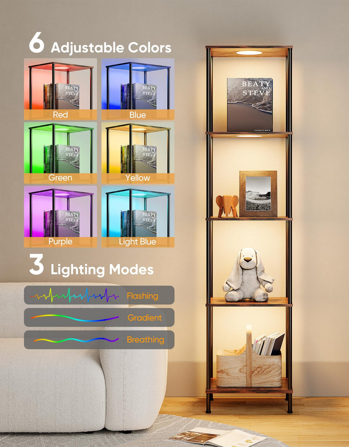Display Shelf with RGBW Light, Color Changing Curio Cabinet Floor Lamp with Shelves Corner Standing Column Lamp Etagere Organizer Tower Nightstand Bookcase for Living Room Bedroom Office Décor Black