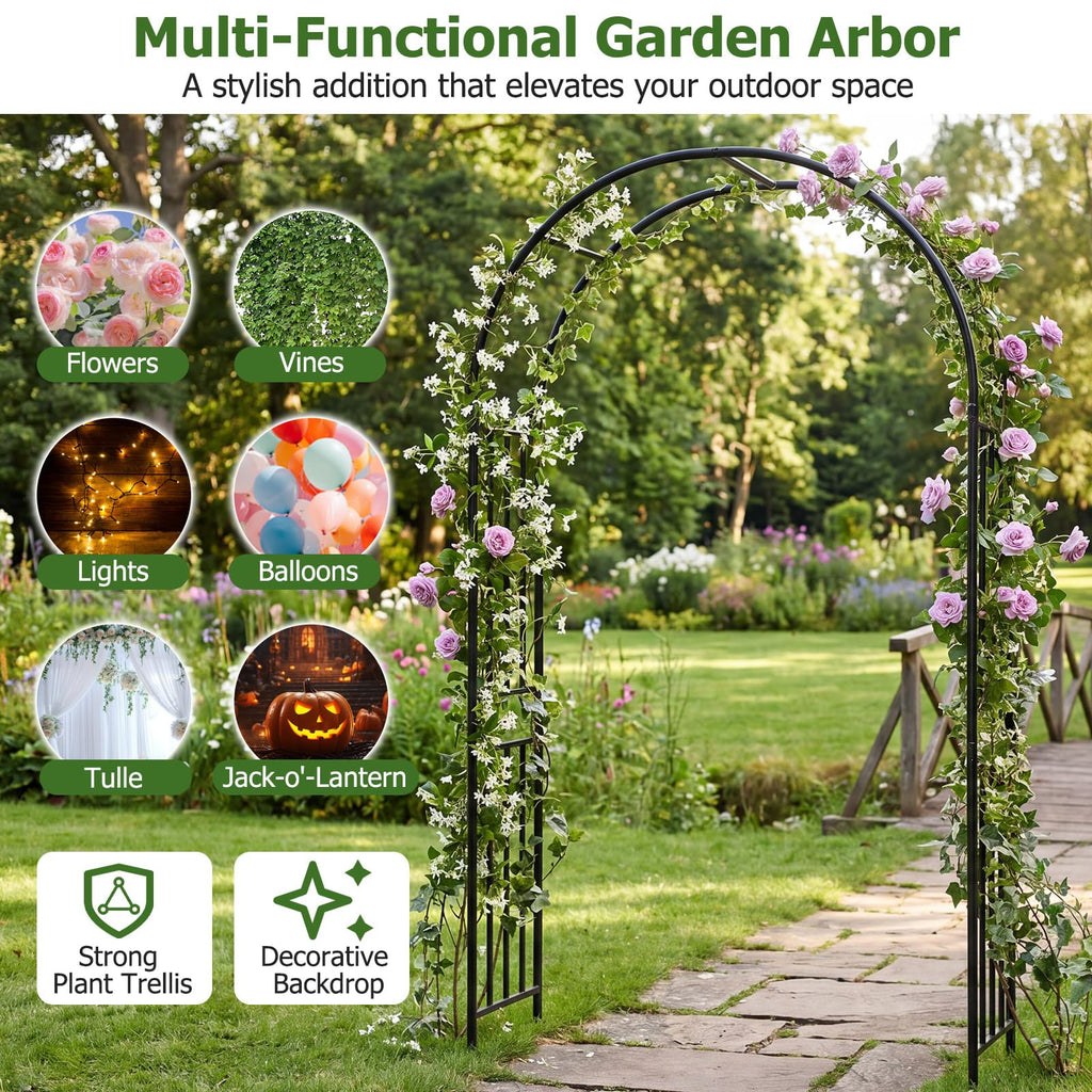 LDAILY Moccha Garden Arch Arbor Trellis, 7.2Ft Outdoor Steel Arbor with Stakes, Metal Archway for Climbing Plants, Wide Sturdy Garden Arch for Lawn, Party, Ceremony Wedding Decoration, Black (1 Piece)