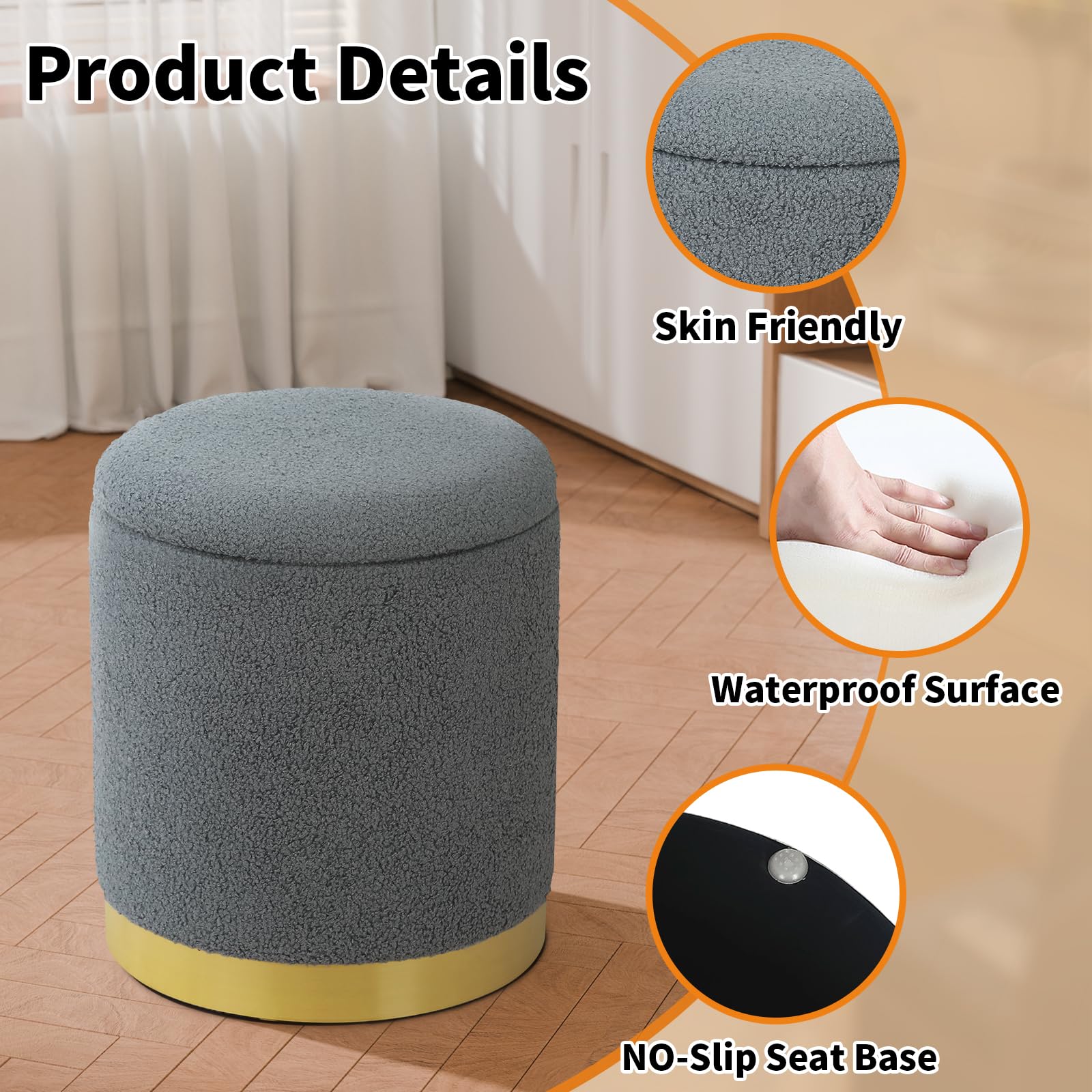 Joveco Boucle Round Ottoman with Storage,Vanity Stool with Storage for Bedroom, Ottoman Coffee Table,Small Boucle Foot Stool for Living Room, Black with Gold Plating