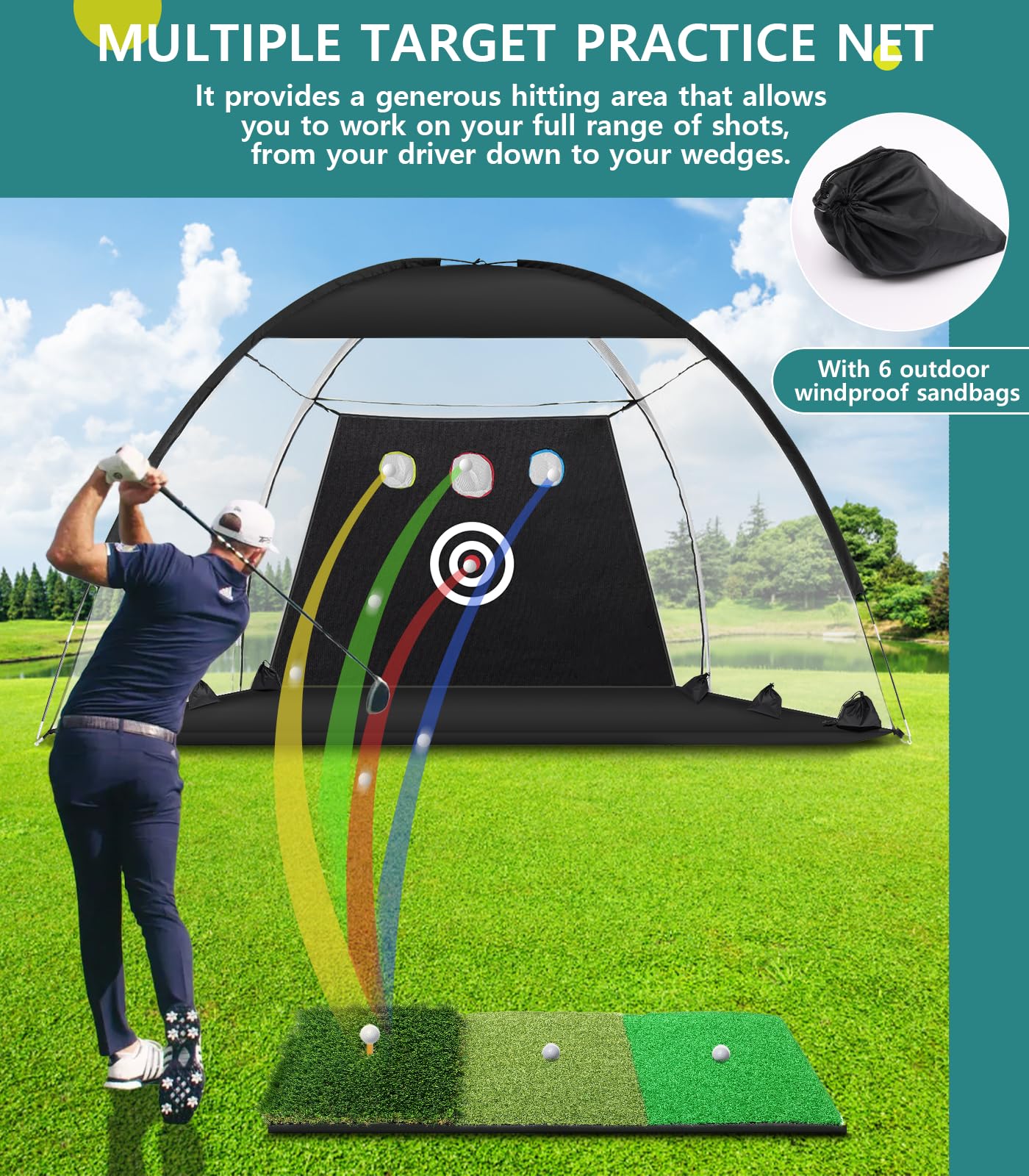 Golf Net: 10x7FT Golf Practice Net for Backyard Driving, Hitting Net with Tri-Turf Mat, Indoor Training Chipping Aid Nets with Reduce Noise Nylon Target, Gifts for Men/Dad/Him