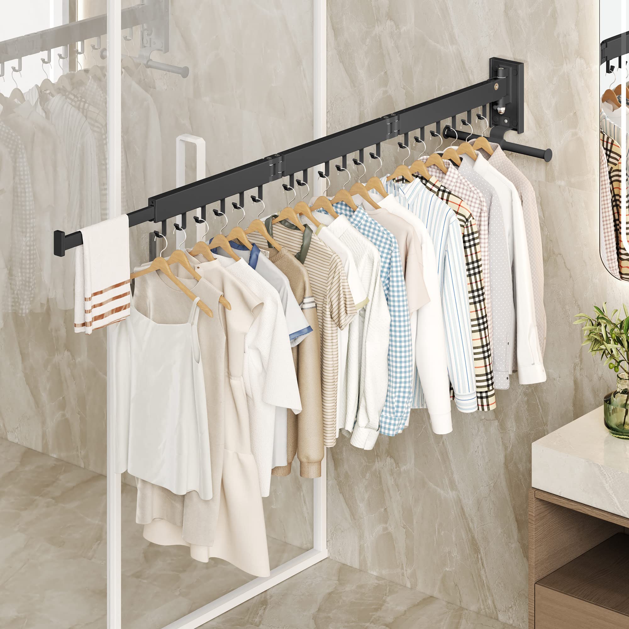 HEILAIYI Clothes Drying Rack for Laundry,Wall Mounted Clothes Hanger Rack,Folding,Retractable,Collapsible(J Shape Hooks)