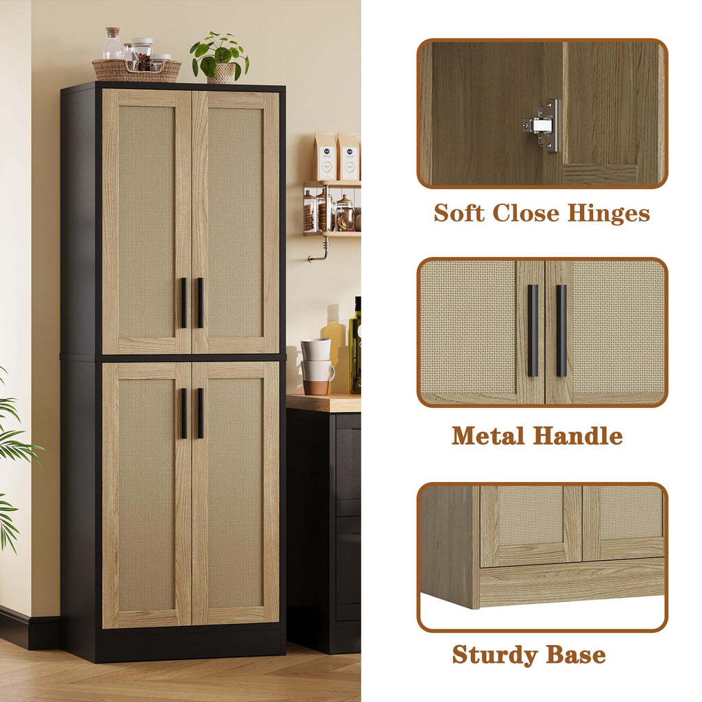 Pantry - Kitchen Pantry Cabinet with 4 Doors and Adjustable Shelves, Tall Black Cabinet Freestanding Storage Cupboard for Dining Room Living Room, Laundry, Bathroom (Black)