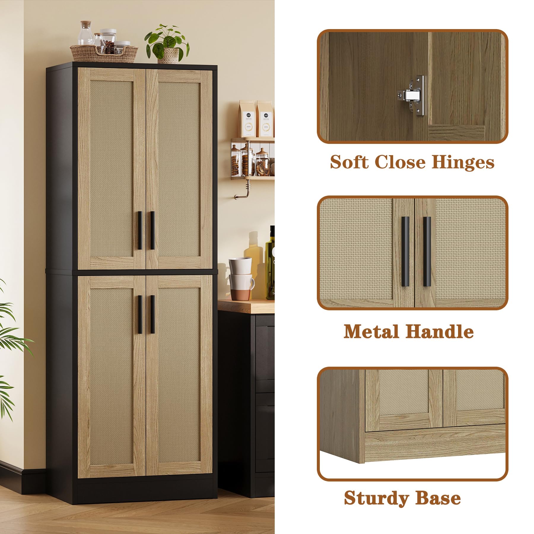 Pantry - Kitchen Pantry Cabinet with 4 Doors and Adjustable Shelves, Tall Black Cabinet Freestanding Storage Cupboard for Dining Room Living Room, Laundry, Bathroom (Black)