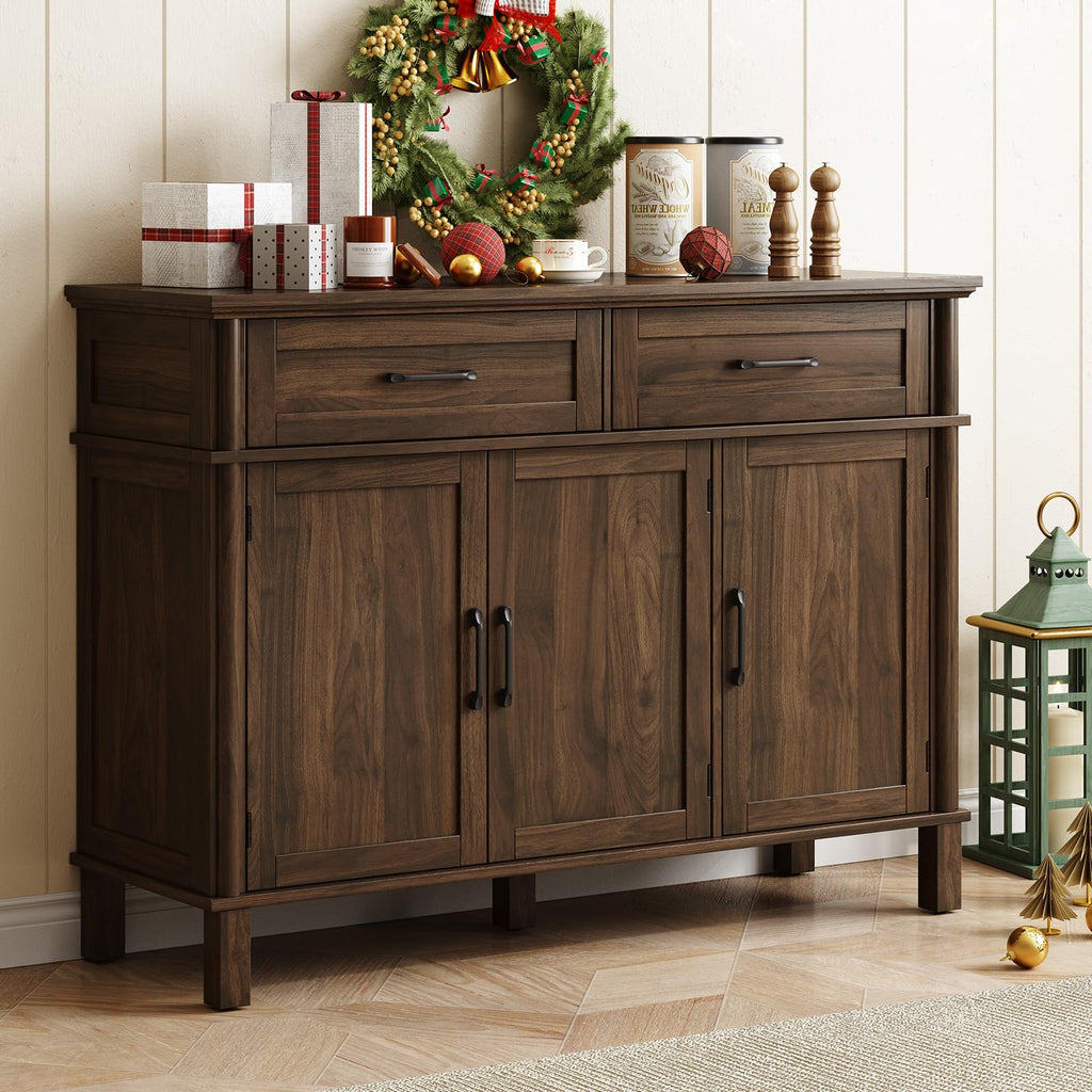 ONBRILL 48 Inches Buffet Cabinet with Storage, Farmhouse Sideboard Buffet w/2 Drawers and 3 Doors, Wood Coffee Bar Cabinet with Adjustable Shelves, Sideboard Storage for Kitchen, Living Room, Black