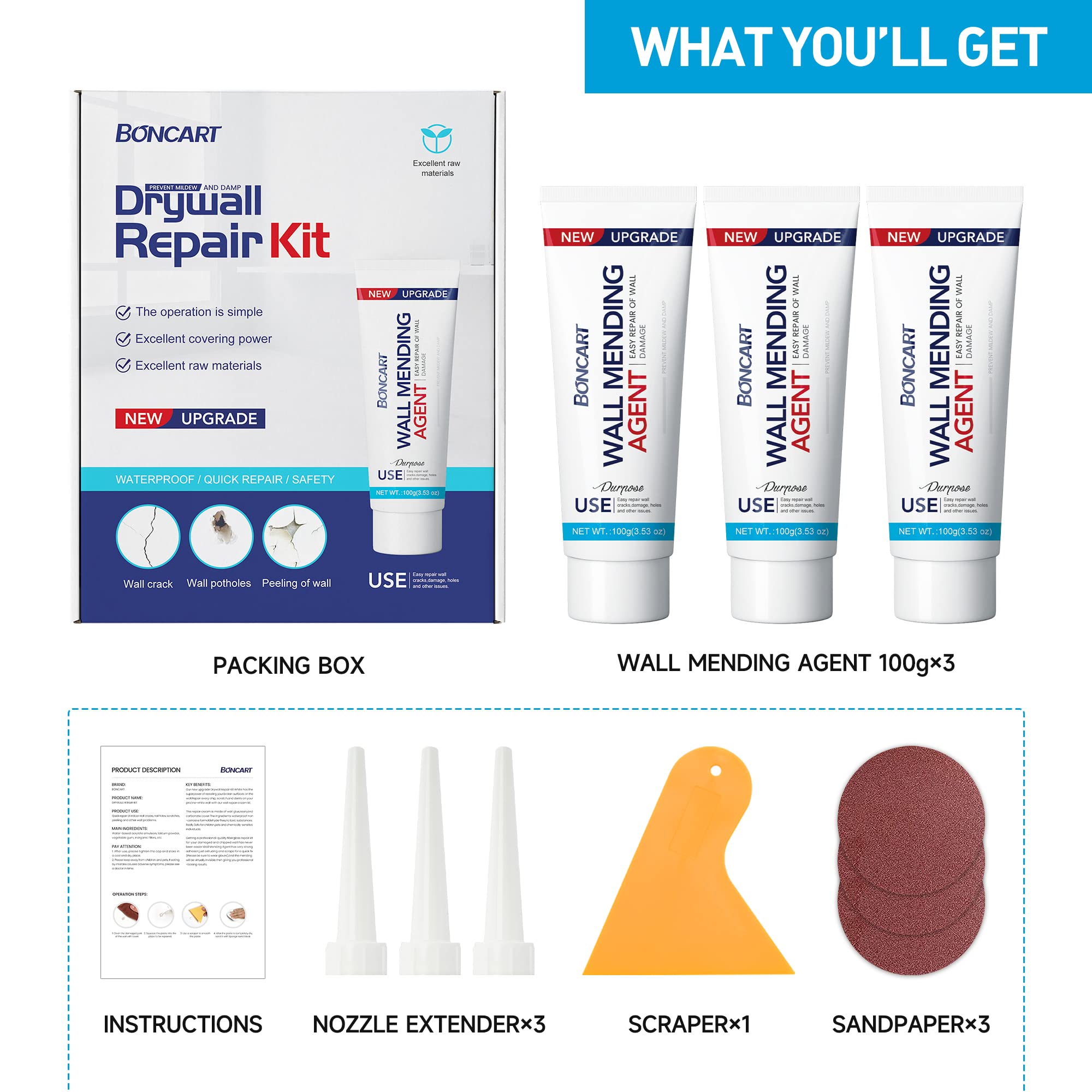 BONCART Spackle Wall Repair Kit,Drywall Repair kit,Wall Mending Agent Putty with Scraper,Plaster Wall Repair Paste for Wall Crack/Nail Hole/Graffiti,Wall Surface
