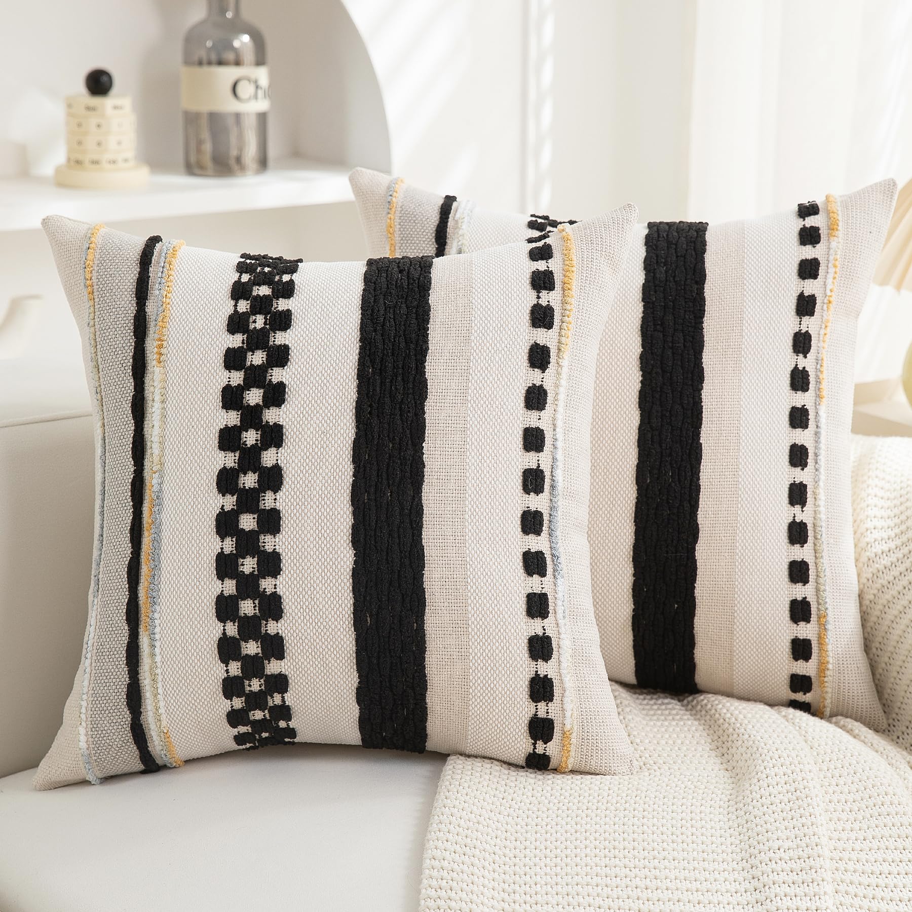 Boho Pillow Covers 18x18 Set of 2 for Couch-Modern Farmhouse Sofa Decorative Throw Pillow Covers Textured Chenille Cushion Covers Outdoor Netural Bohemian Pillow Cases Square