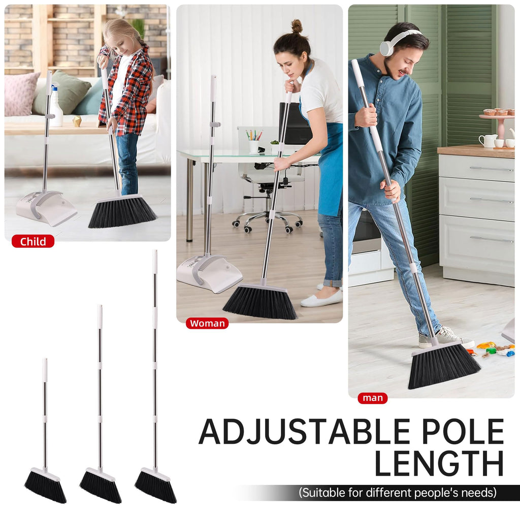 Broom with Dustpan Combo Set, Hand Broom and Dustpan Set for Sweeping Indoor Angle Broom for Home Office Kitchen Lobby Floor Pet Hair Indoor&Outdoor Cleaning (White&Gray)