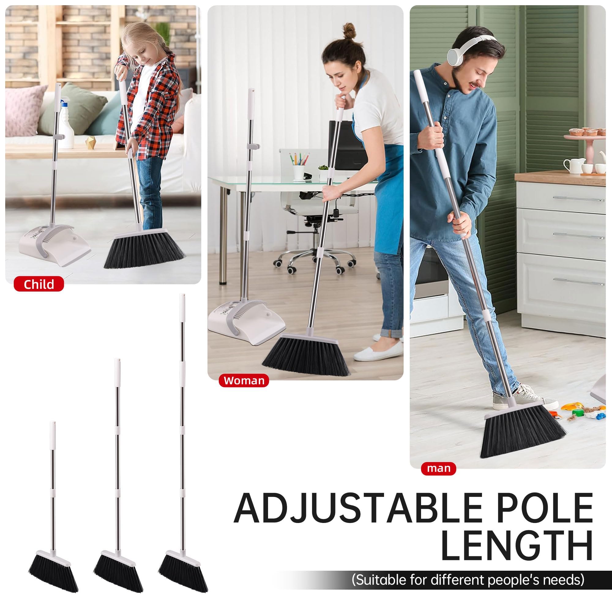 Broom with Dustpan Combo Set, Hand Broom and Dustpan Set for Sweeping Indoor Angle Broom for Home Office Kitchen Lobby Floor Pet Hair Indoor&Outdoor Cleaning (White&Gray)