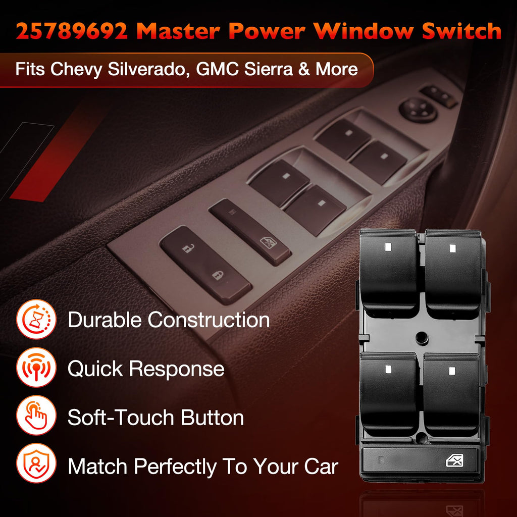 Power Window Switch Passenger Front Right, Rear Left or Right | Window Buttons | Fits GMC Acadia, Sierra, Chevy Silverado, Tahoe & More Year Model 2006-2015 | #22895545, 15888174