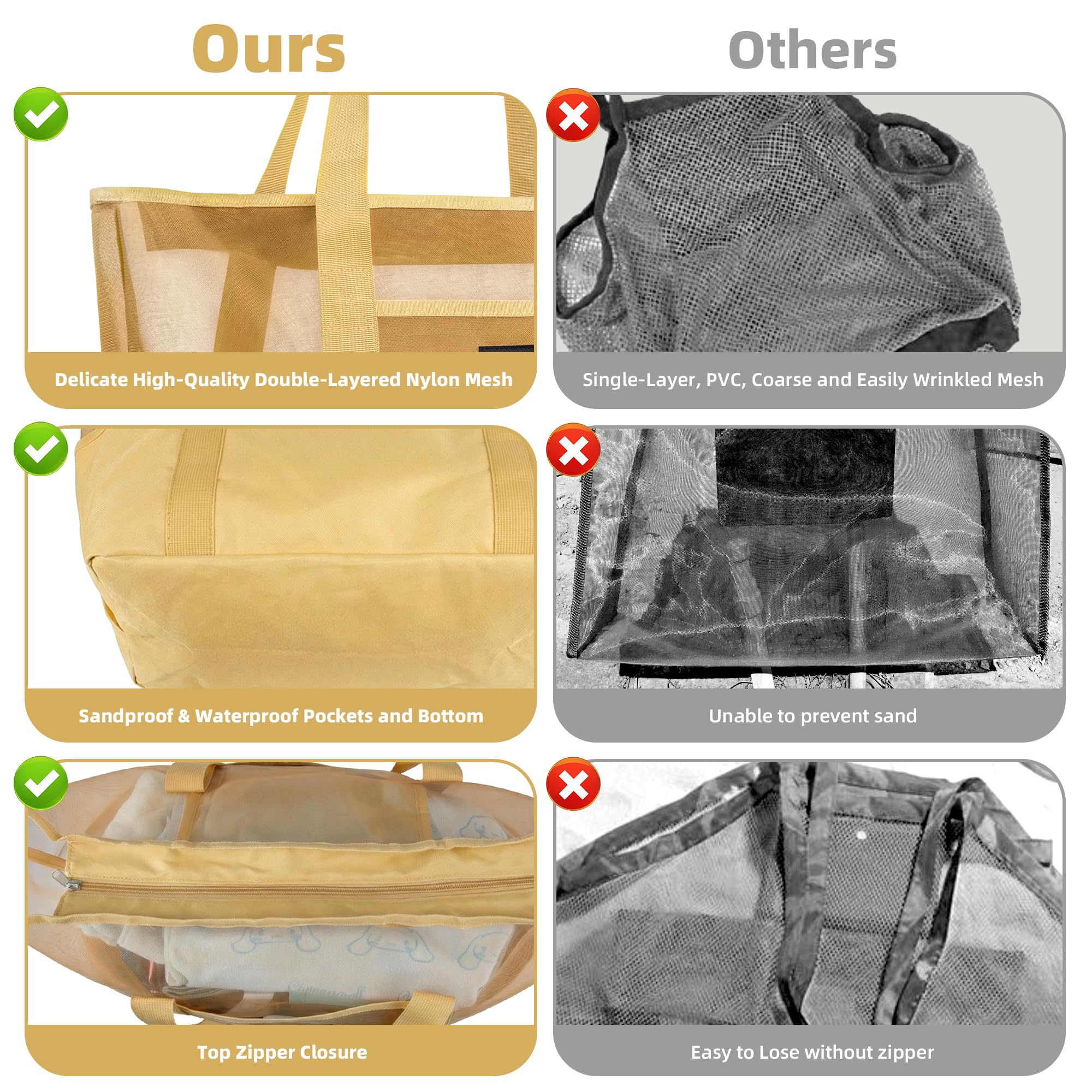 Mesh Beach Bag - Large Waterproof Beach Tote Bag with Zipper, Oversized Foldable Lightweight Family Swim Bag Vacation