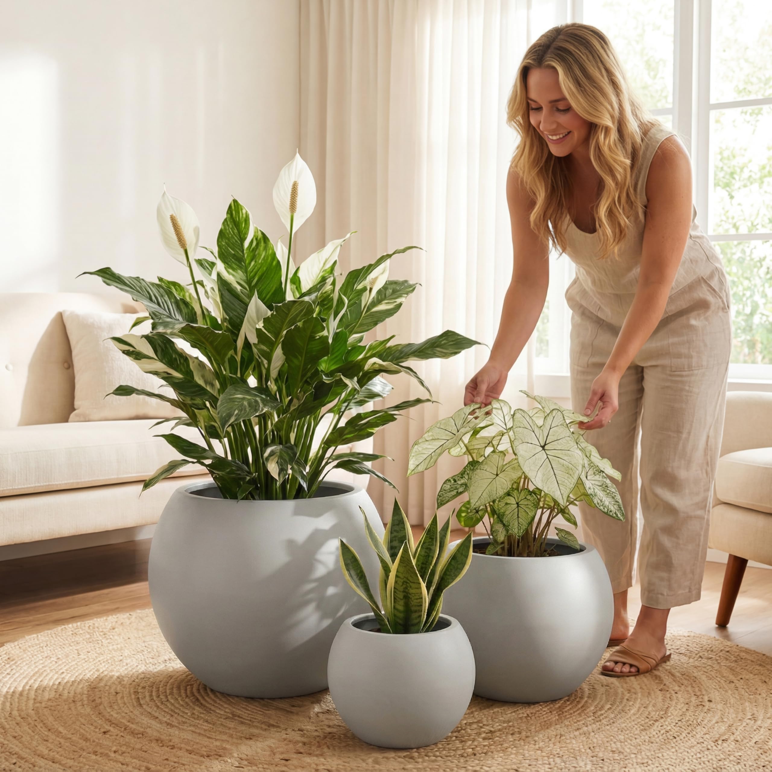 DTY Fiberstone Globe Planter Indoor Outdoor — Lightweight Sphere Ball Pot for Olive Tree, Monstera & Palm | Fiberglass Stone | UV Resistant, Drainage Hole | 2 Coco Mats | Black | 12.6" D × 10" H