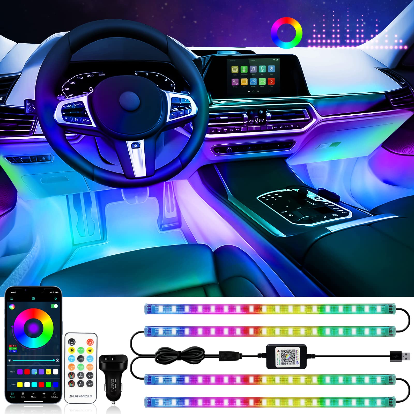 RGB Interior Car Strip Lights with Smart APP Control, Music Sync Under Dash Footwell Neon Internal Lighting Kit 2 Lines Design,12V LED Strip Lights for Cars, Trucks, SUVs with Car Charger(1 Set)