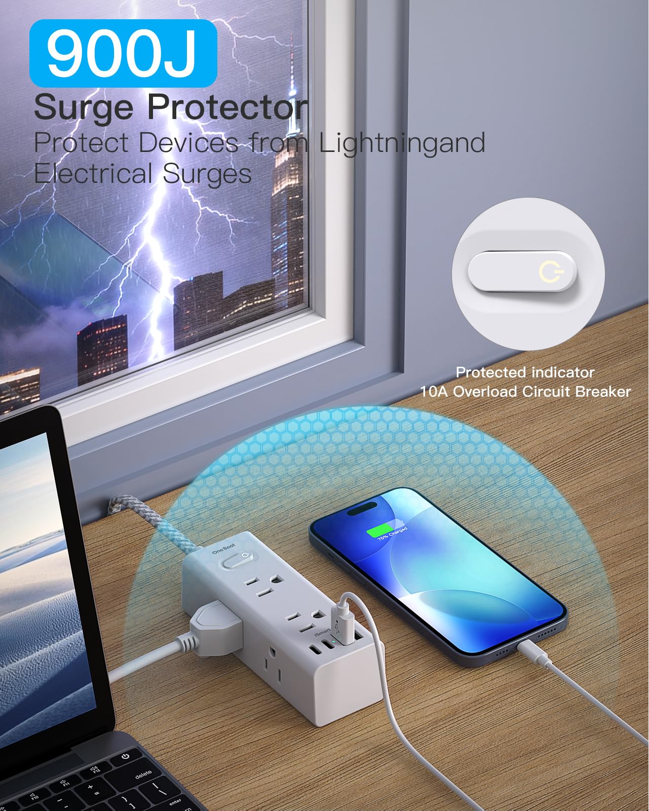 One Beat Short Extension Cord 1Ft, Flat Plug Power Strip Surge Protector - 6 Widely Outlets with 4 USB Ports (2 USB C), Wall Mount Small Power Strip for Travel, Home Office College Dorm Essentials