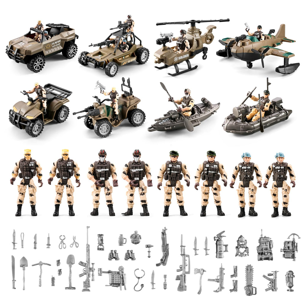 56-in-1 Army Men Toys for Boys 4-7 6-8 8-12, Military Truck/Helicopter/Kayak Boat/Motorcycle/Army Men Action Figures/Weapon Gears, Army Toys for Boys Kids Birthday Gifts Party Favors