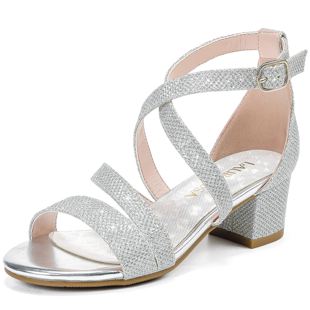 LAURMOSA Girls Sandals Chunky High Heel Strappy Open Toe Ankle Strap Dress Shoes for Little Big Kids in Wedding Party