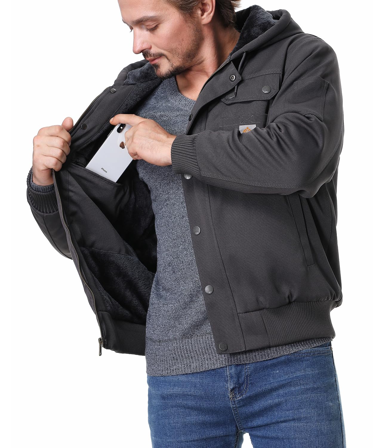 TUAOVA Men's Fit Relaxed Work Coat Fleece Lined Waterproof Workwear Winter Hooded Jacket with Multiple Pockets