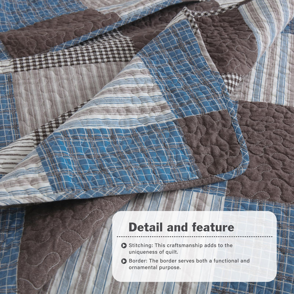 Y-PLWOMEN 100% Cotton Farmhouse Plaid Lightweight 3-Pieces Quilt Set (Blue Brown, Queen90 * 98 Inch)