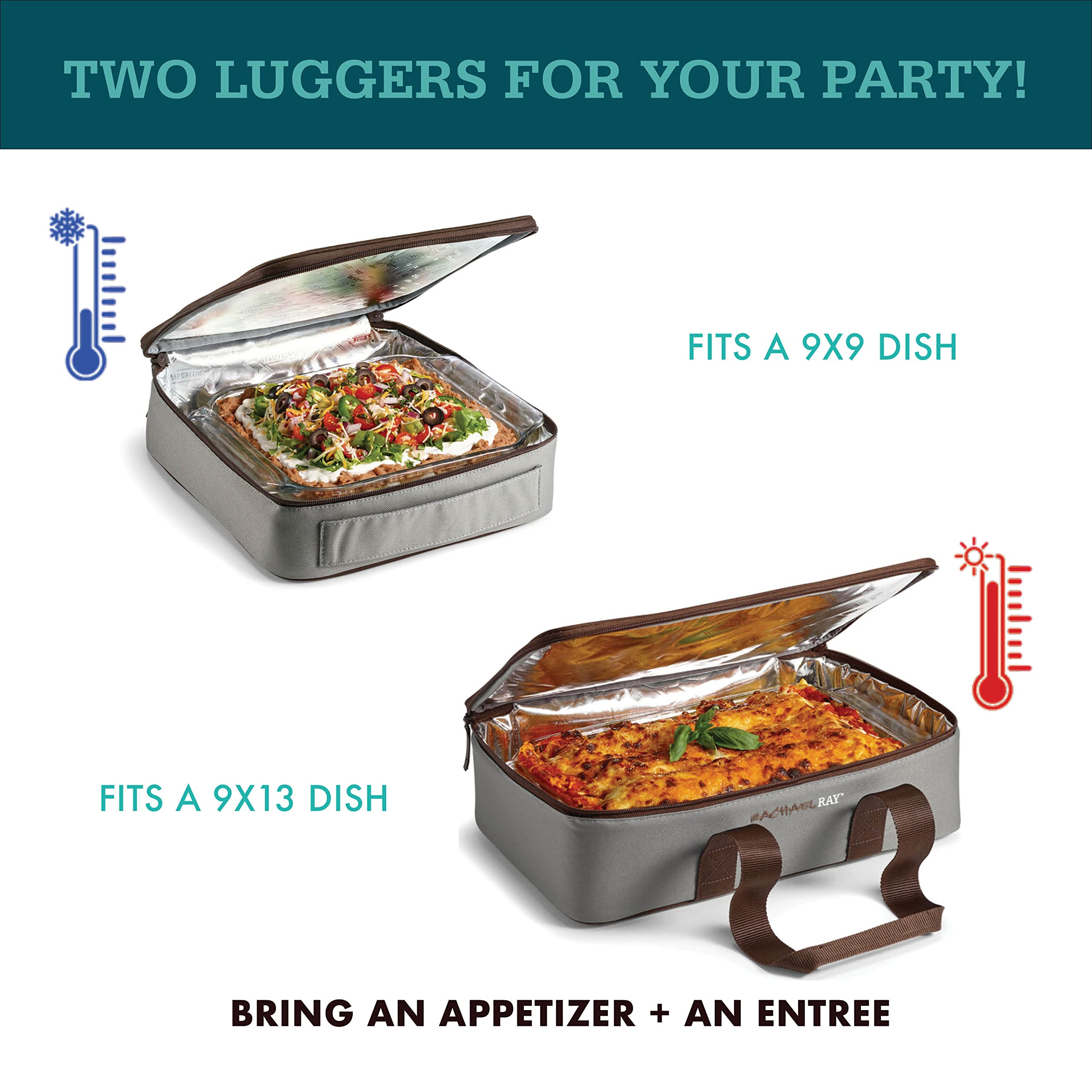 Rachael Ray Lugger Duo, Insulated Casserole Carrier for Hot or Cold Food, Thermal Lasanga Lugger Tote for Pockluck, Parties, Picnic, and Cookouts, Fits 9" x 13" Baking Dish, Burgundy