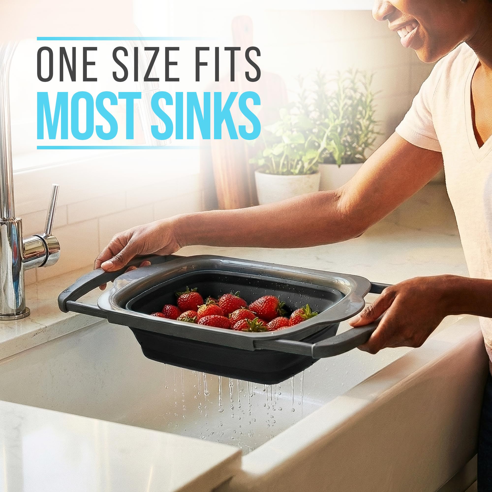 Comfify Over-the-Sink Colander with Handles – Sleek Plastic Black Kitchen Strainer for Pasta, Vegetables & Fruits – Space-Saving Design – 17.1 x 10.2 x 1.75 Inches