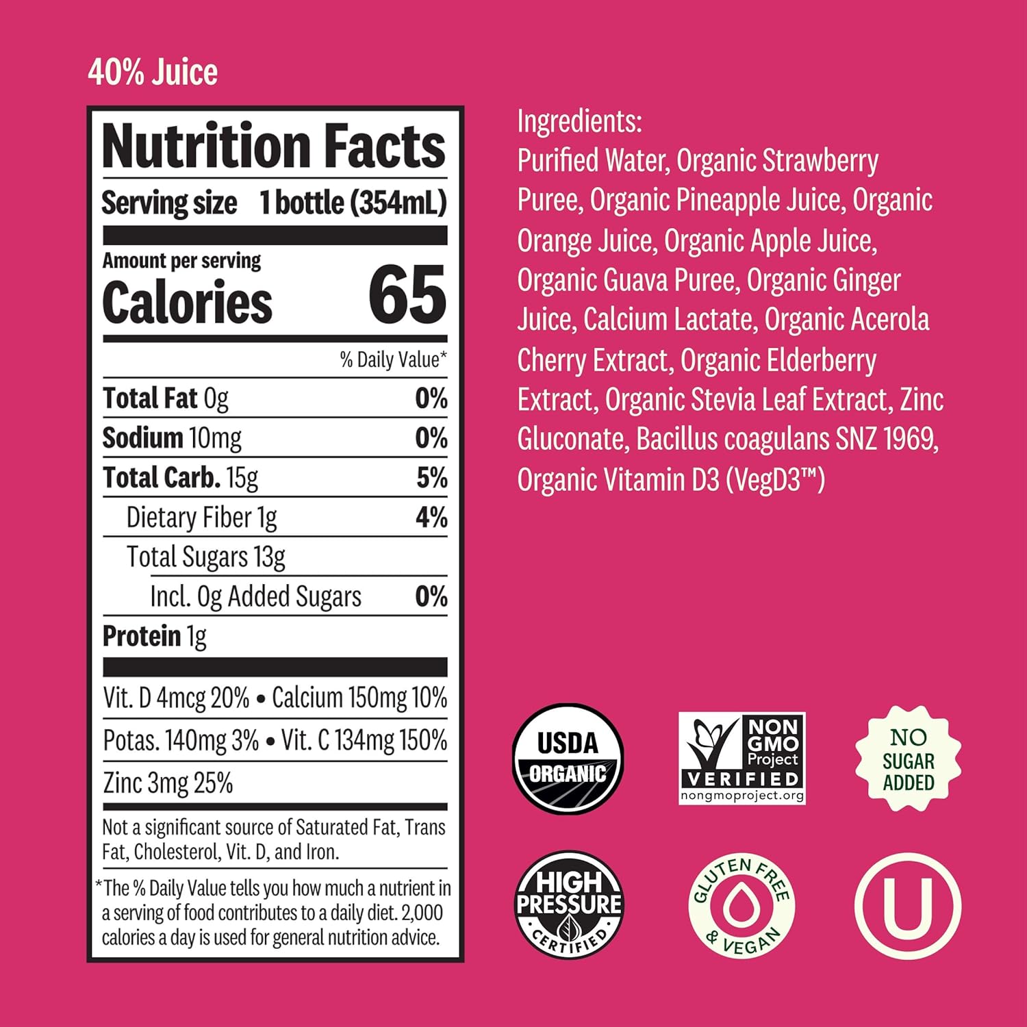Suja Organic Immunity Strawberry Guava Cold Pressed Juice Drink, 12 fl oz Bottle